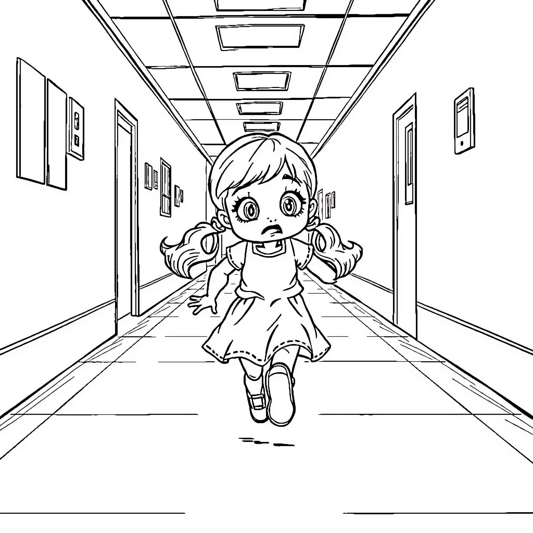Girl exploring the school hallway Coloring Page (free black-and-white line drawing printable PDF for all, from beginners to advanced learners, including children, teens, adults, and seniors)