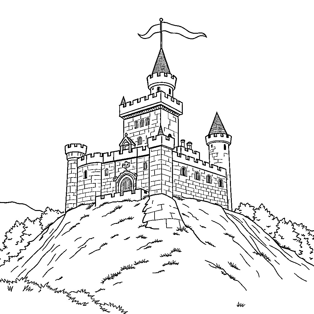 Castle on the Hill with Turrets and Flags Coloring Page (free black-and-white line drawing printable PDF for all, from beginners to advanced learners, including children, teens, adults, and seniors)