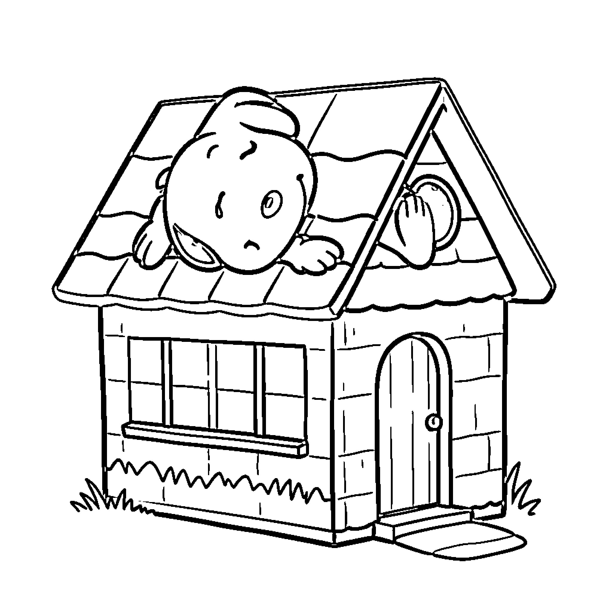 Snoopy peeking out from cozy doghouse Coloring Page (free black-and-white line drawing printable PDF for all, from beginners to advanced learners, including children, teens, adults, and seniors)