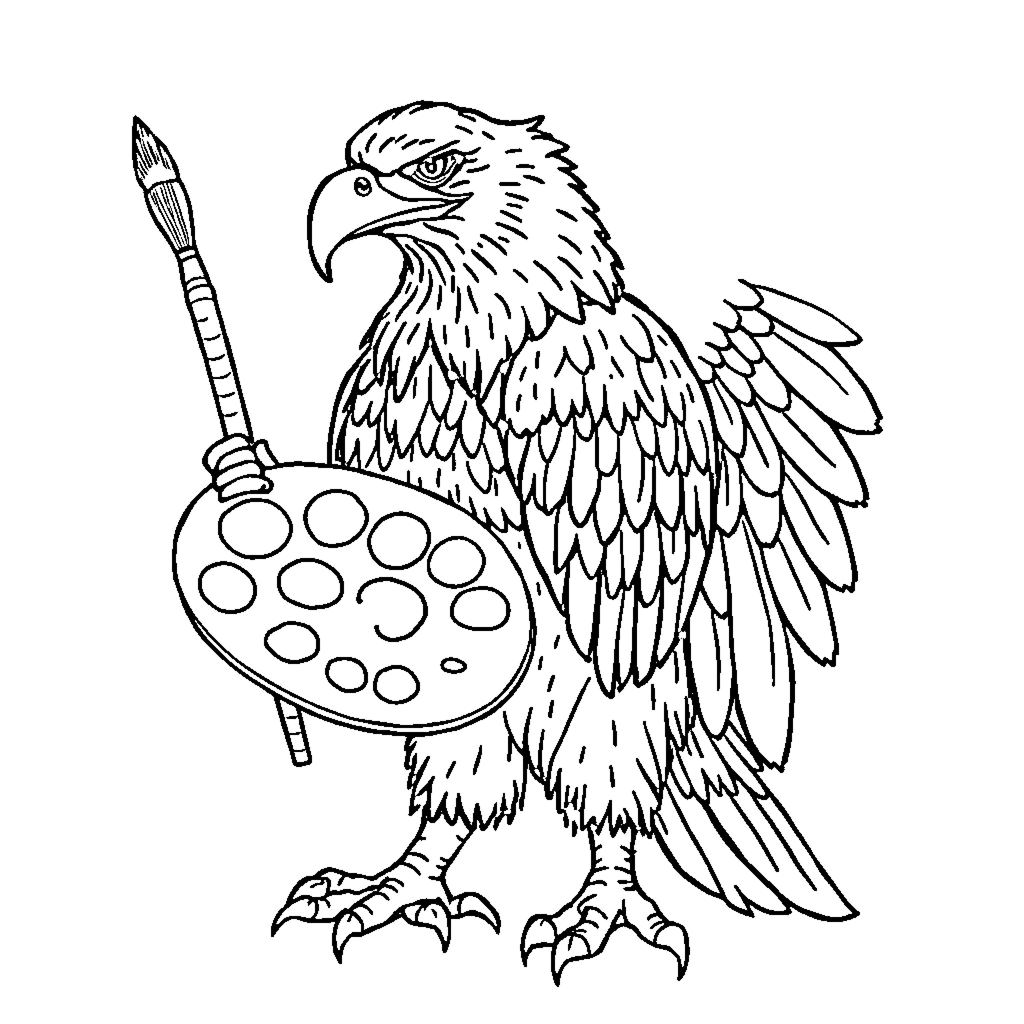 Eagle painting with palette and brush Coloring Page (free black-and-white line drawing printable PDF for all, from beginners to advanced learners, including children, teens, adults, and seniors)
