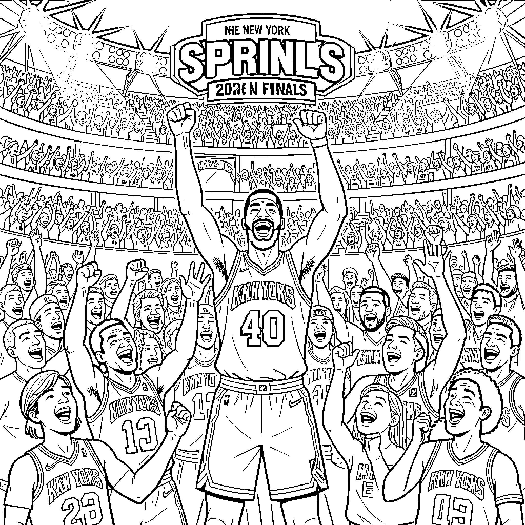 New York Knicks players celebrating victory with cheering fans Coloring Page (free black-and-white line drawing printable PDF for all, from beginners to advanced learners, including children, teens, adults, and seniors)