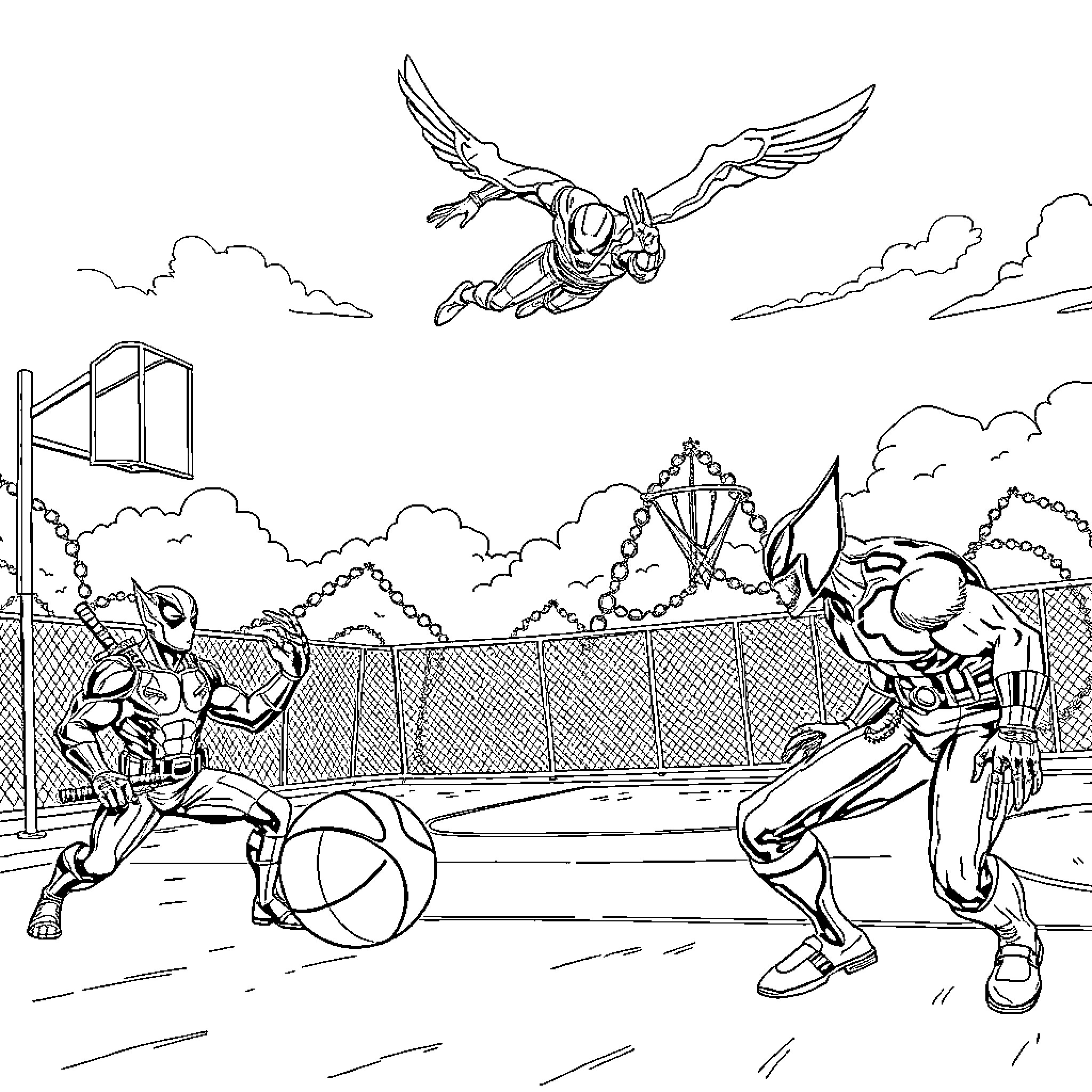 Venom superheroes in action-packed sports arena Coloring Page (free black-and-white line drawing printable PDF for all, from beginners to advanced learners, including children, teens, adults, and seniors)