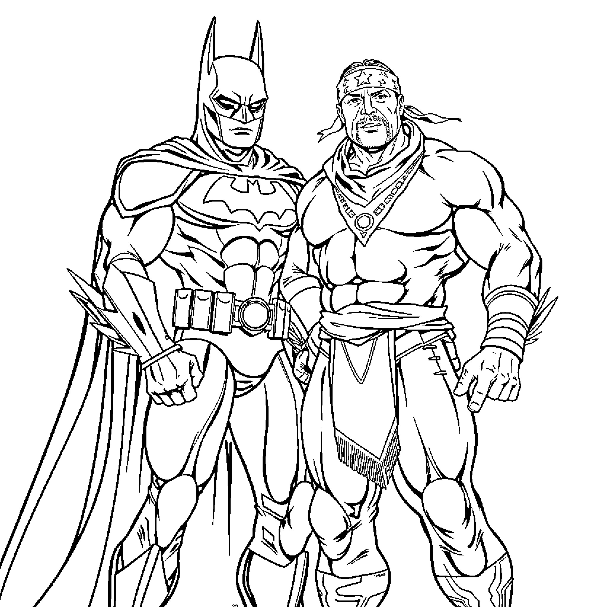 Batman and Warrior Hero Standing Tall Coloring Page (free black-and-white line drawing printable PDF for all, from beginners to advanced learners, including children, teens, adults, and seniors)