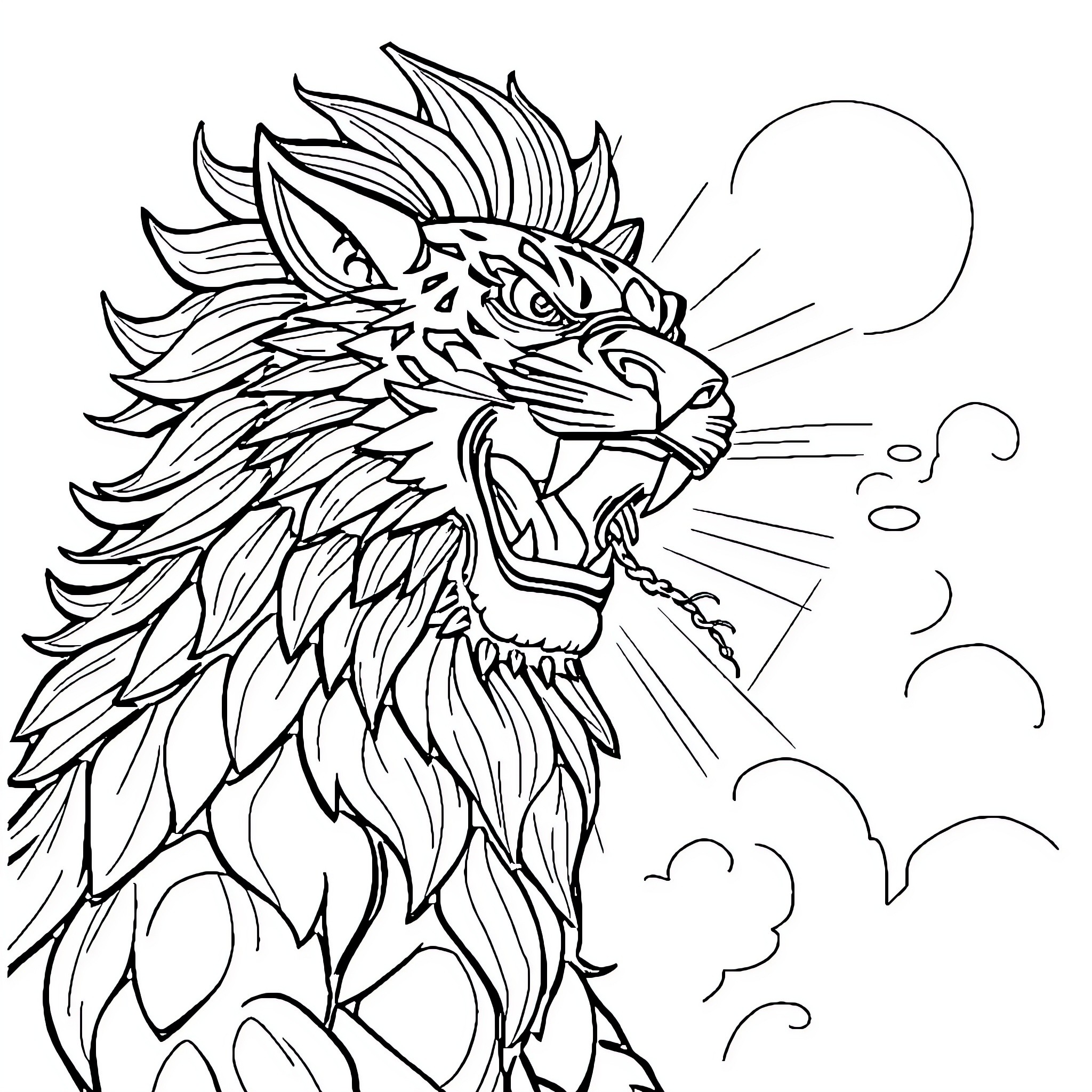 Singa's Fierce Roar in the Shadows Coloring Page (free black-and-white line drawing printable PDF for all, from beginners to advanced learners, including children, teens, adults, and seniors)