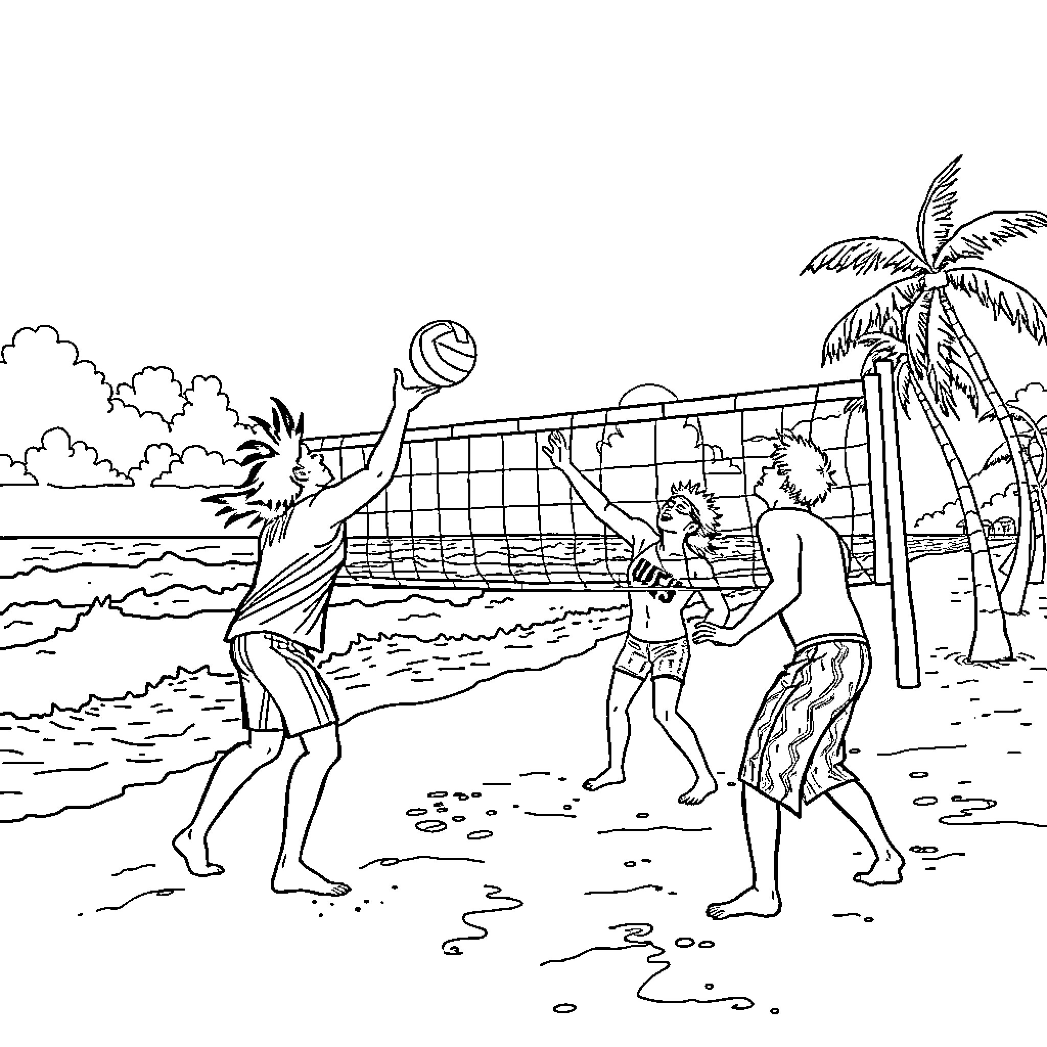 NOFX playing beach volleyball in paradise Coloring Page (free black-and-white line drawing printable PDF for all, from beginners to advanced learners, including children, teens, adults, and seniors)
