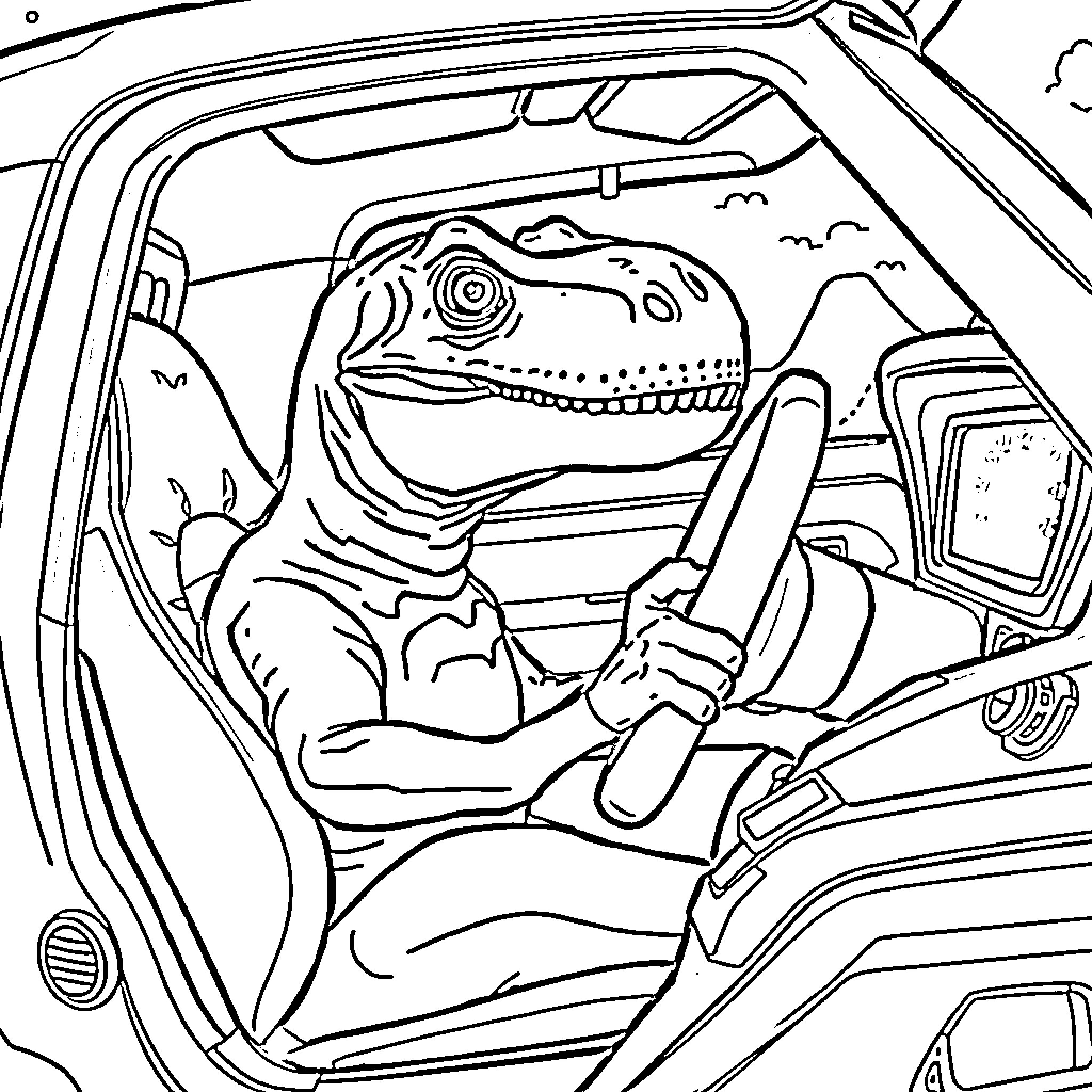 T-Rex driving a car Coloring Page (free black-and-white line drawing printable PDF for all, from beginners to advanced learners, including children, teens, adults, and seniors)