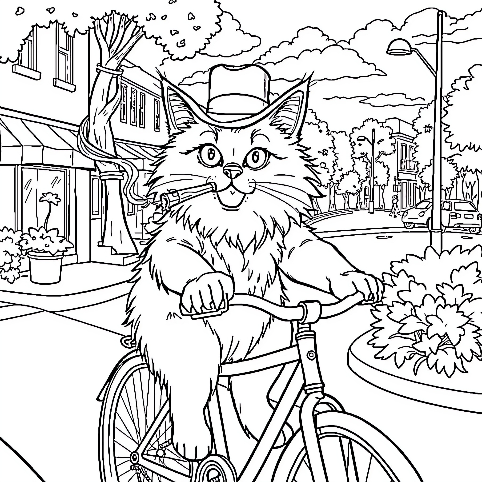 Cat Riding Bicycle in the City Coloring Page (free black-and-white line drawing printable PDF for all, from beginners to advanced learners, including children, teens, adults, and seniors)