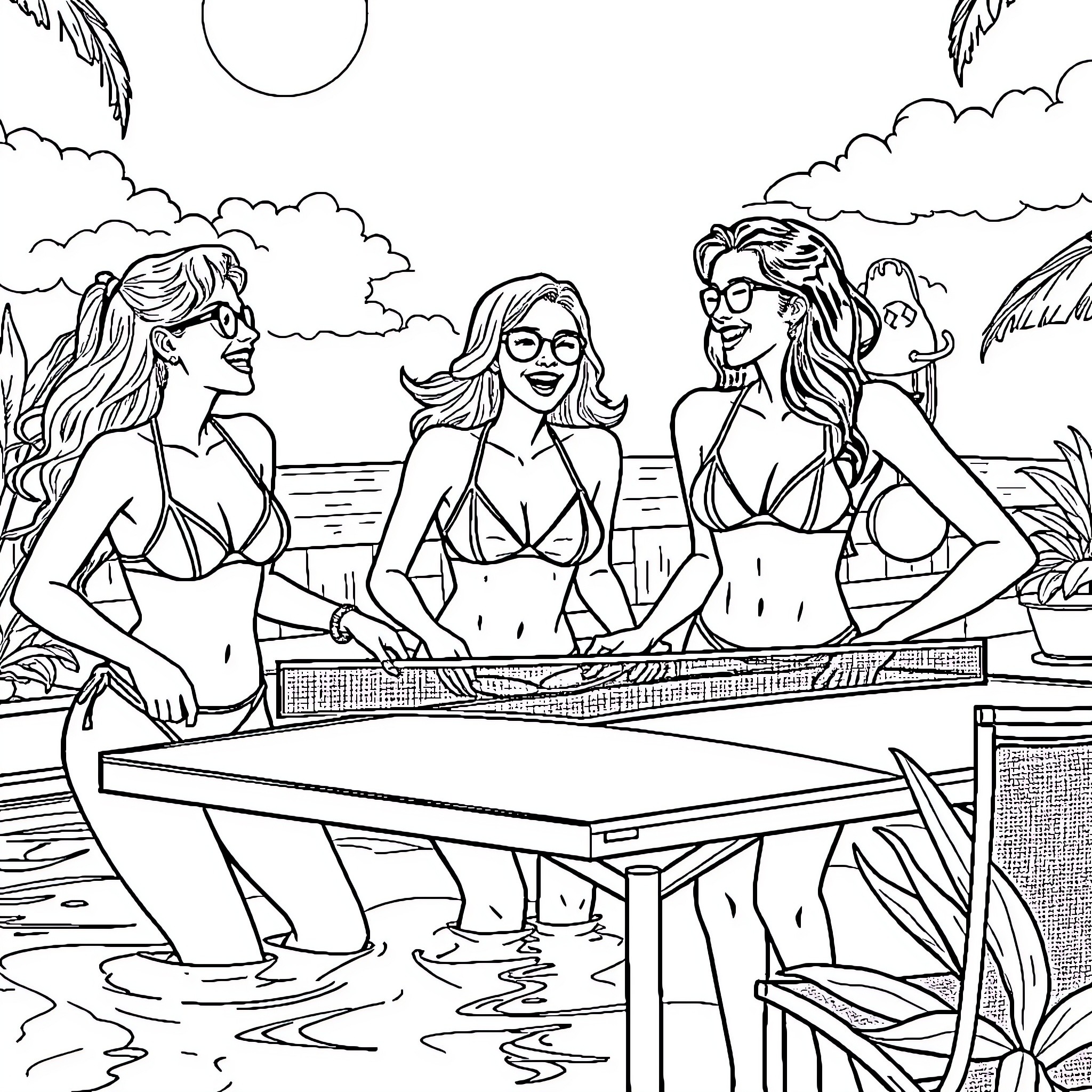 Girls enjoying summer day by the poolside Coloring Page (free black-and-white line drawing printable PDF for all, from beginners to advanced learners, including children, teens, adults, and seniors)
