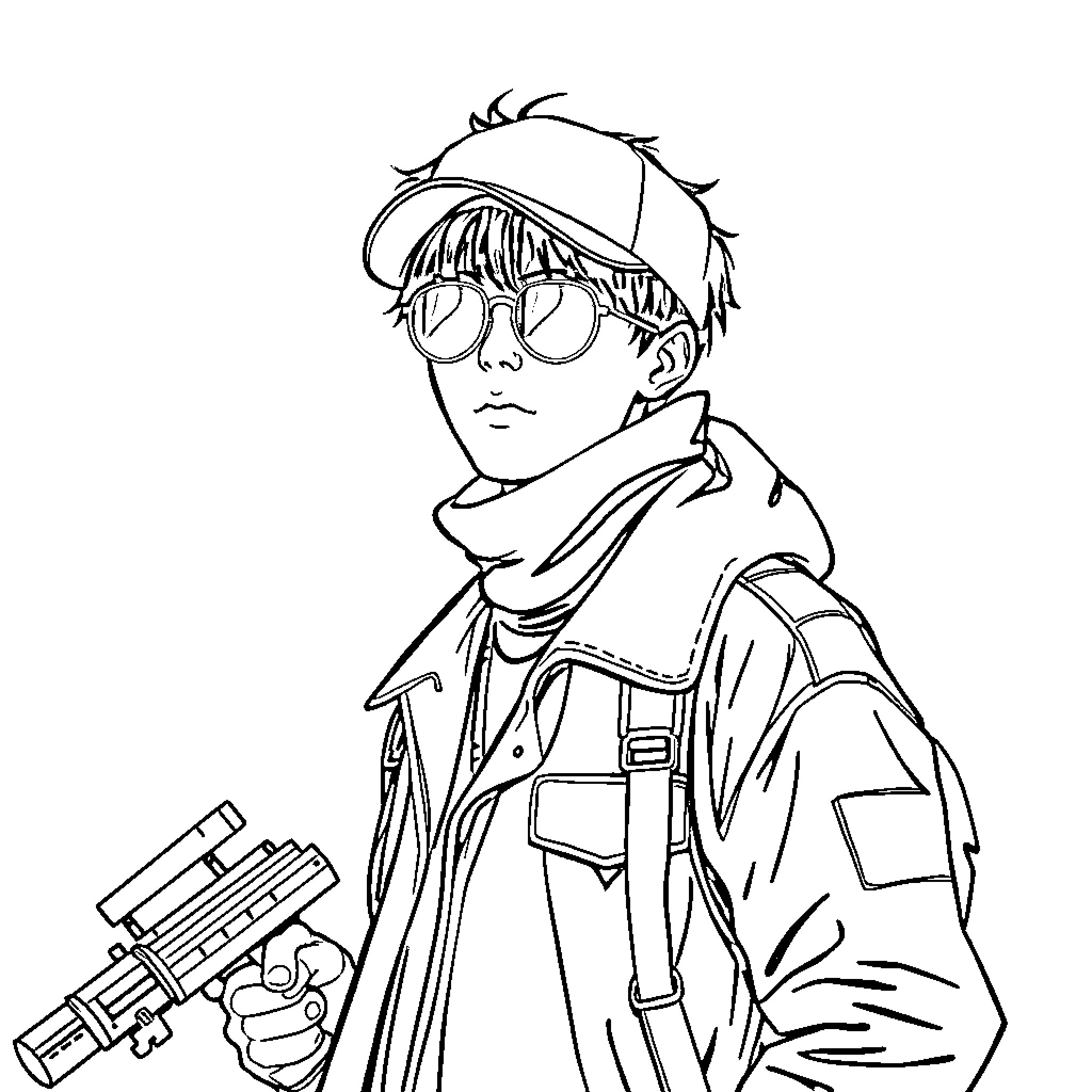 Kpop character with futuristic outfit and accessories Coloring Page (free black-and-white line drawing printable PDF for all, from beginners to advanced learners, including children, teens, adults, and seniors)