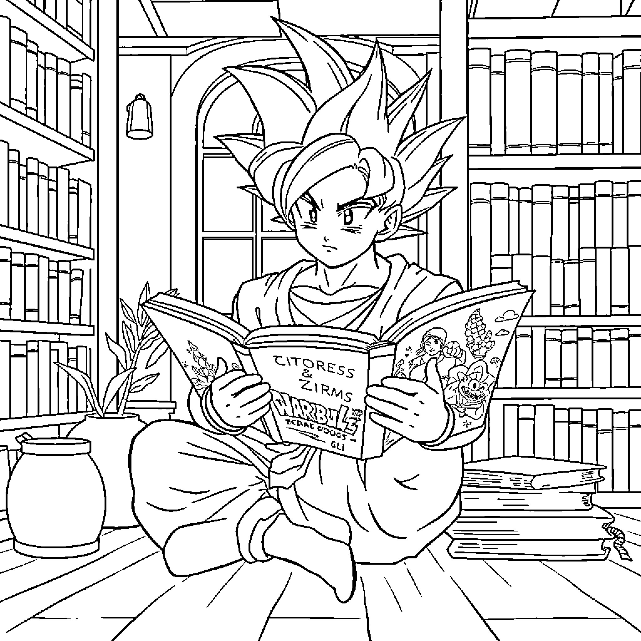 Goku reading a book in a library setting Coloring Page (free black-and-white line drawing printable PDF for all, from beginners to advanced learners, including children, teens, adults, and seniors)