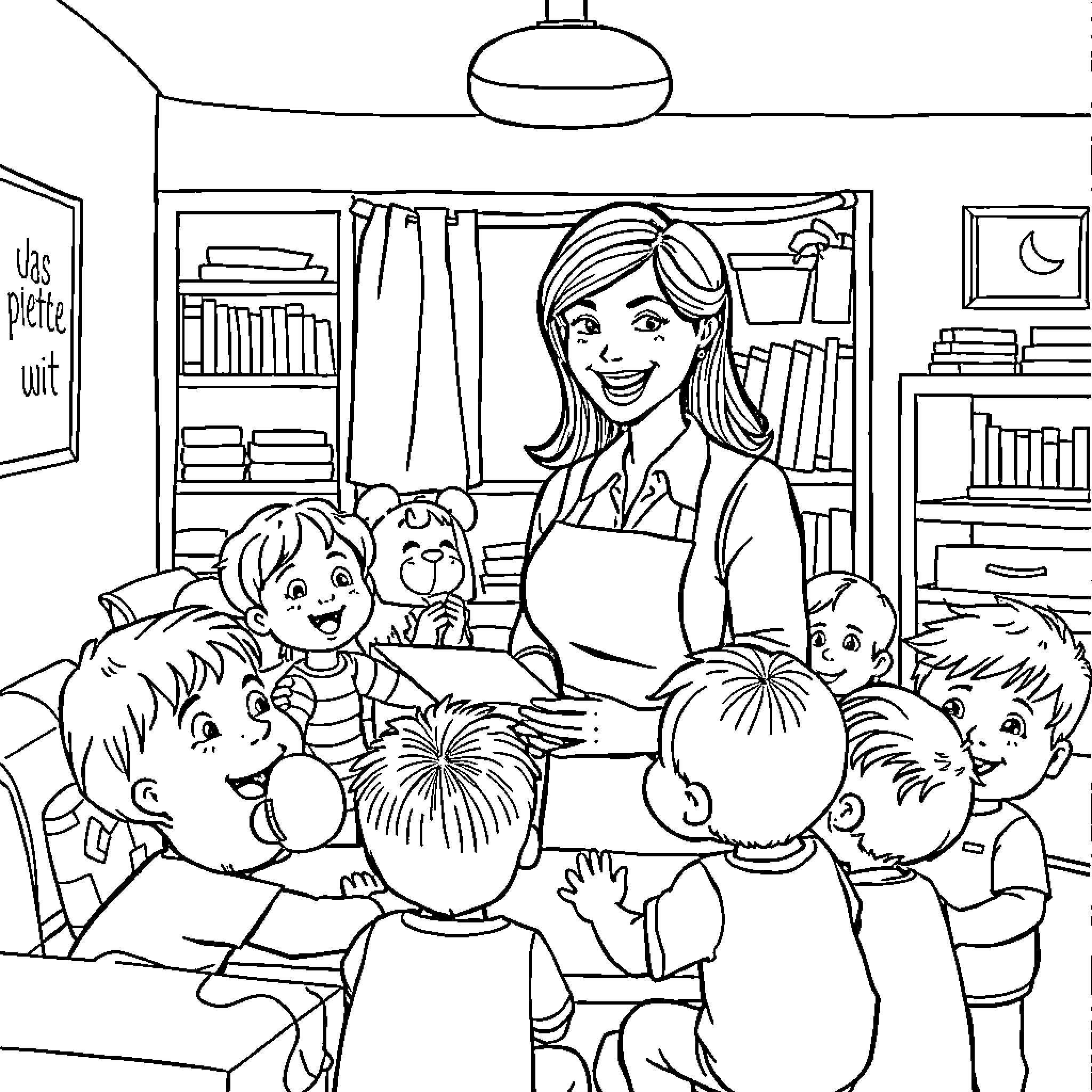 Childcare Provider Engaging with Children in a Cozy Classroom Coloring Page (free black-and-white line drawing printable PDF for all, from beginners to advanced learners, including children, teens, adults, and seniors)