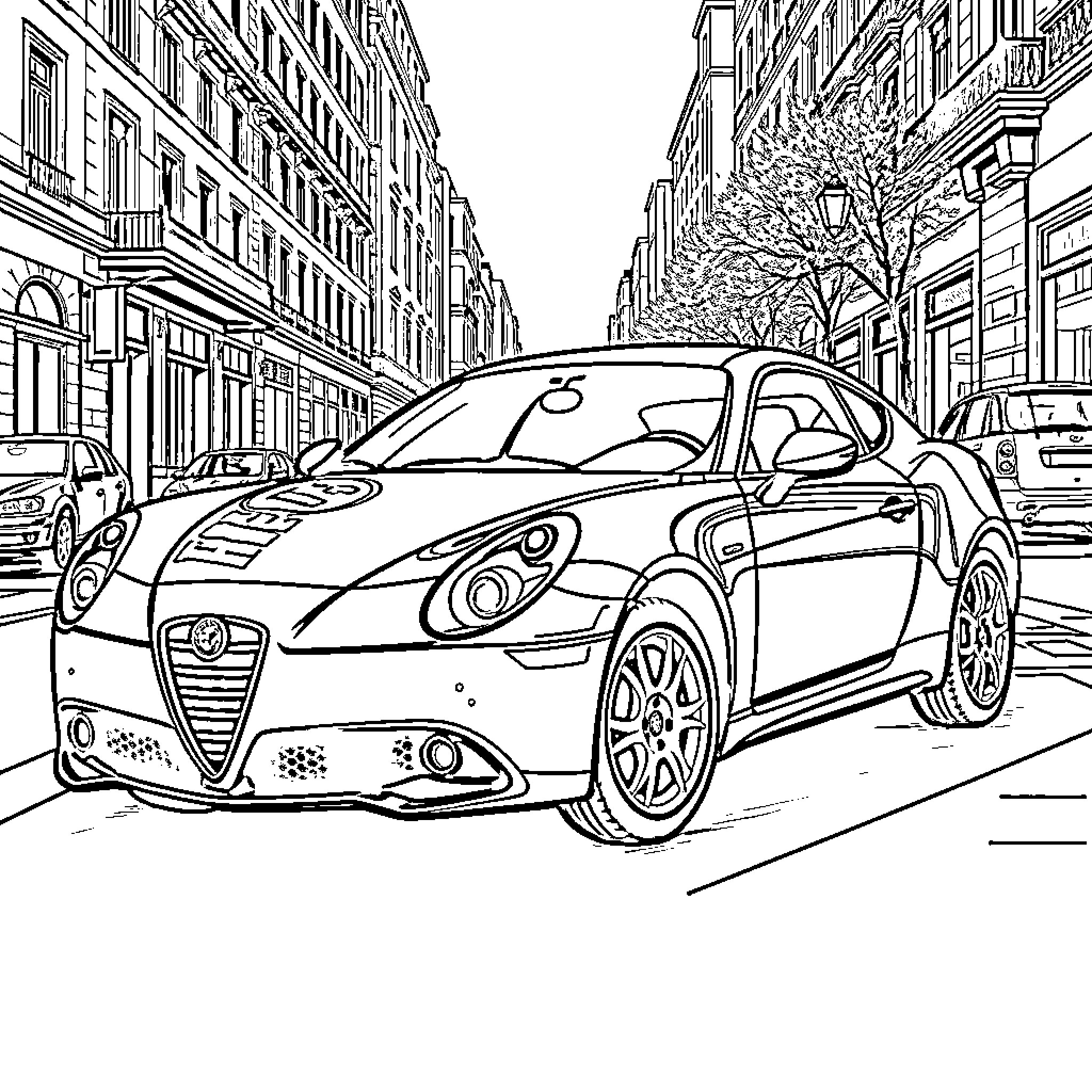 Alfa Romeo sports car in a European city street Coloring Page (free black-and-white line drawing printable PDF for all, from beginners to advanced learners, including children, teens, adults, and seniors)