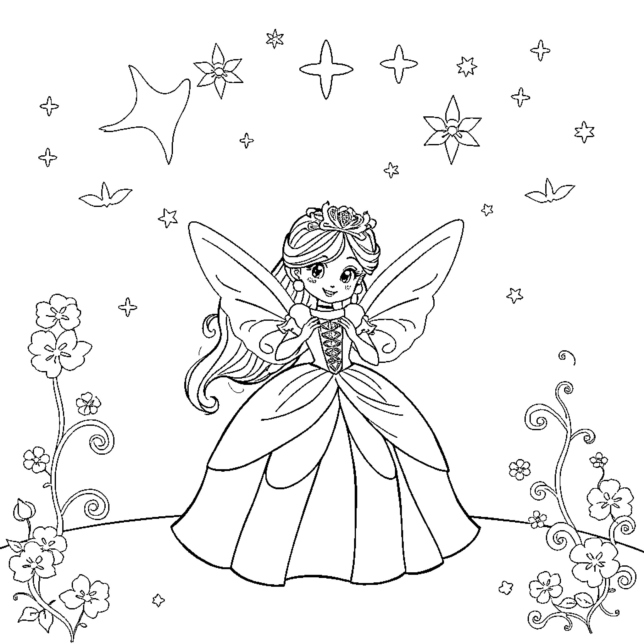 Disney Princess Fairy in a Whimsical Garden Coloring Page (free black-and-white line drawing printable PDF for all, from beginners to advanced learners, including children, teens, adults, and seniors)