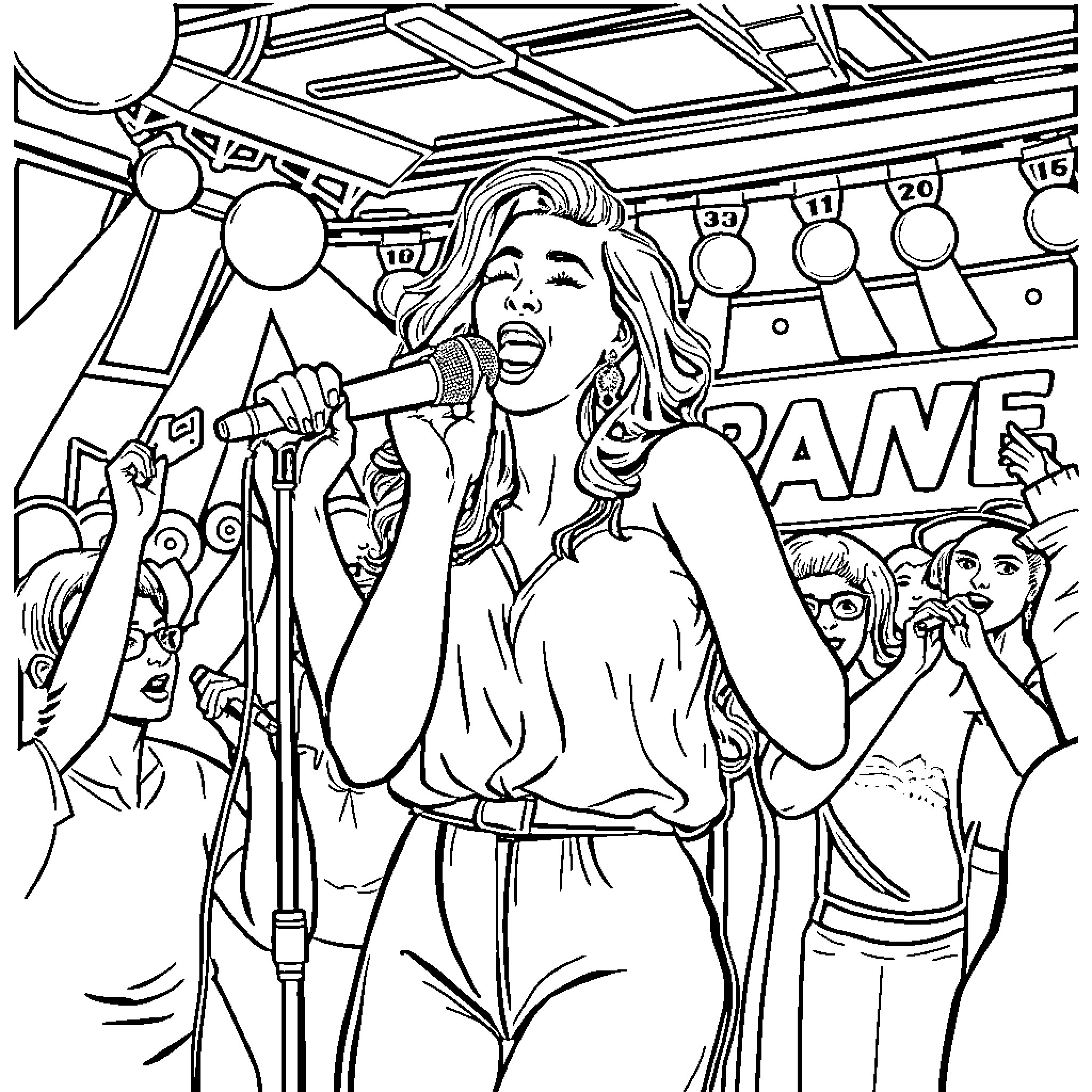 Woman performing on stage with a microphone Coloring Page (free black-and-white line drawing printable PDF for all, from beginners to advanced learners, including children, teens, adults, and seniors)