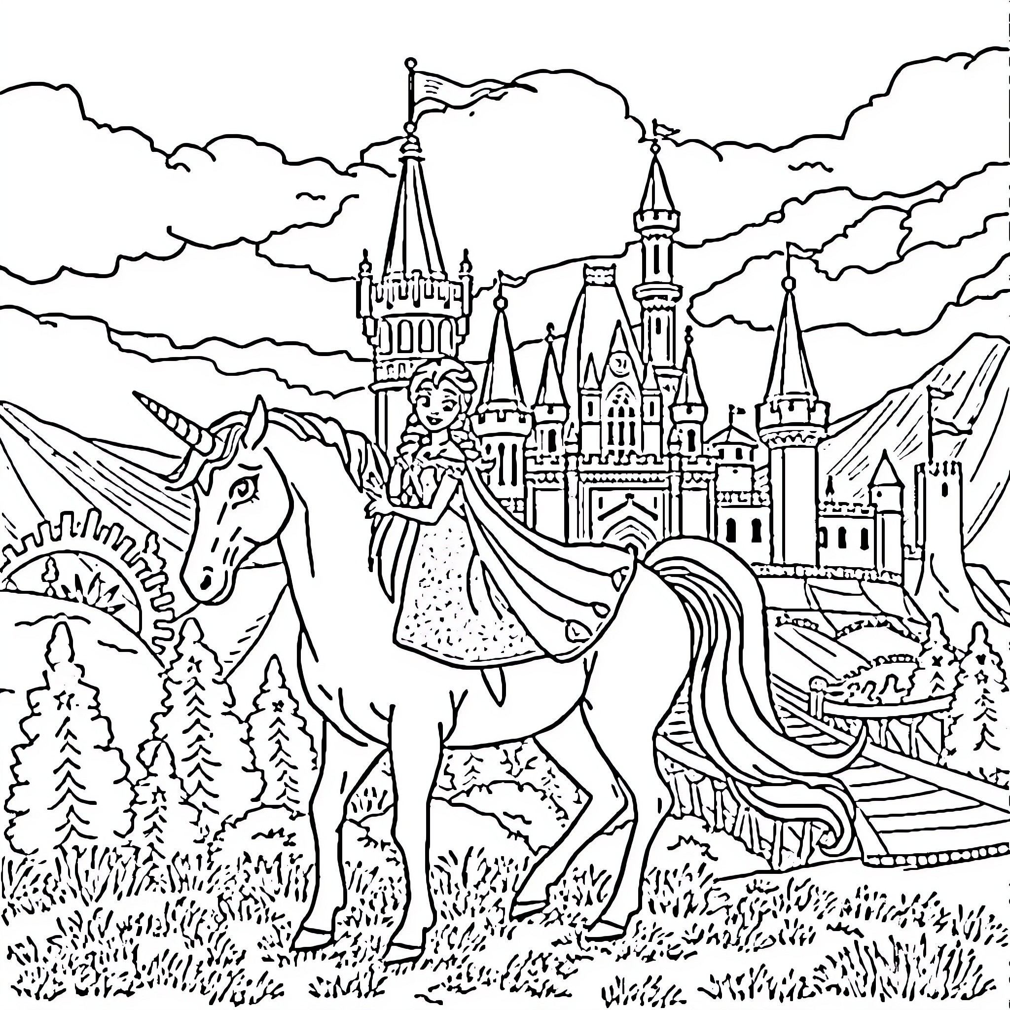 Unicorn Guarding the Magical Castle Coloring Page (free black-and-white line drawing printable PDF for all, from beginners to advanced learners, including children, teens, adults, and seniors)