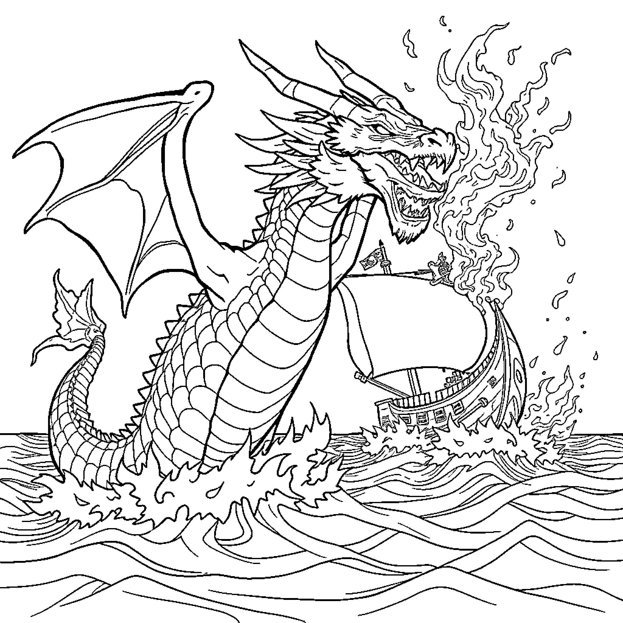 Dragon breathing fire on a ship at sea Coloring Page (free black-and-white line drawing printable PDF for all, from beginners to advanced learners, including children, teens, adults, and seniors)