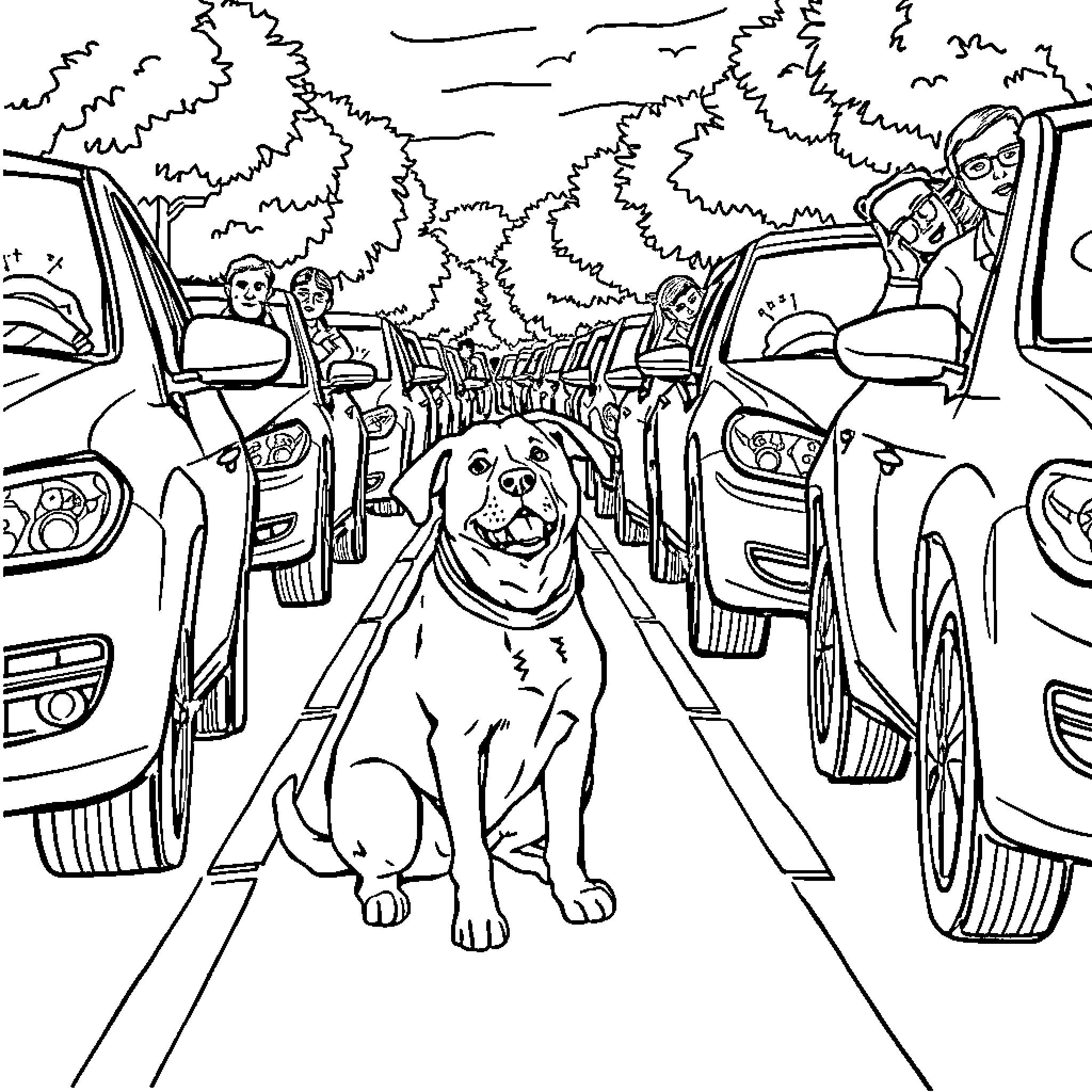 Dog waiting patiently in traffic jam Coloring Page (free black-and-white line drawing printable PDF for all, from beginners to advanced learners, including children, teens, adults, and seniors)