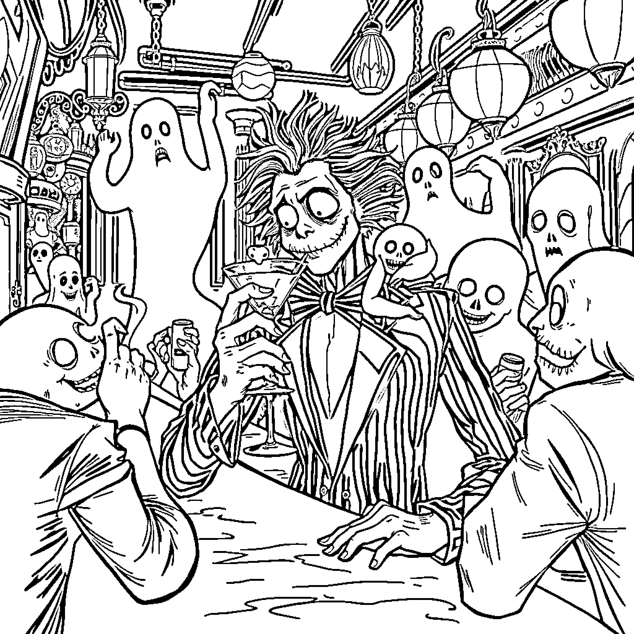 Beetlejuice's Bizarre Gathering of Supernatural Spirits Coloring Page (free black-and-white line drawing printable PDF for all, from beginners to advanced learners, including children, teens, adults, and seniors)