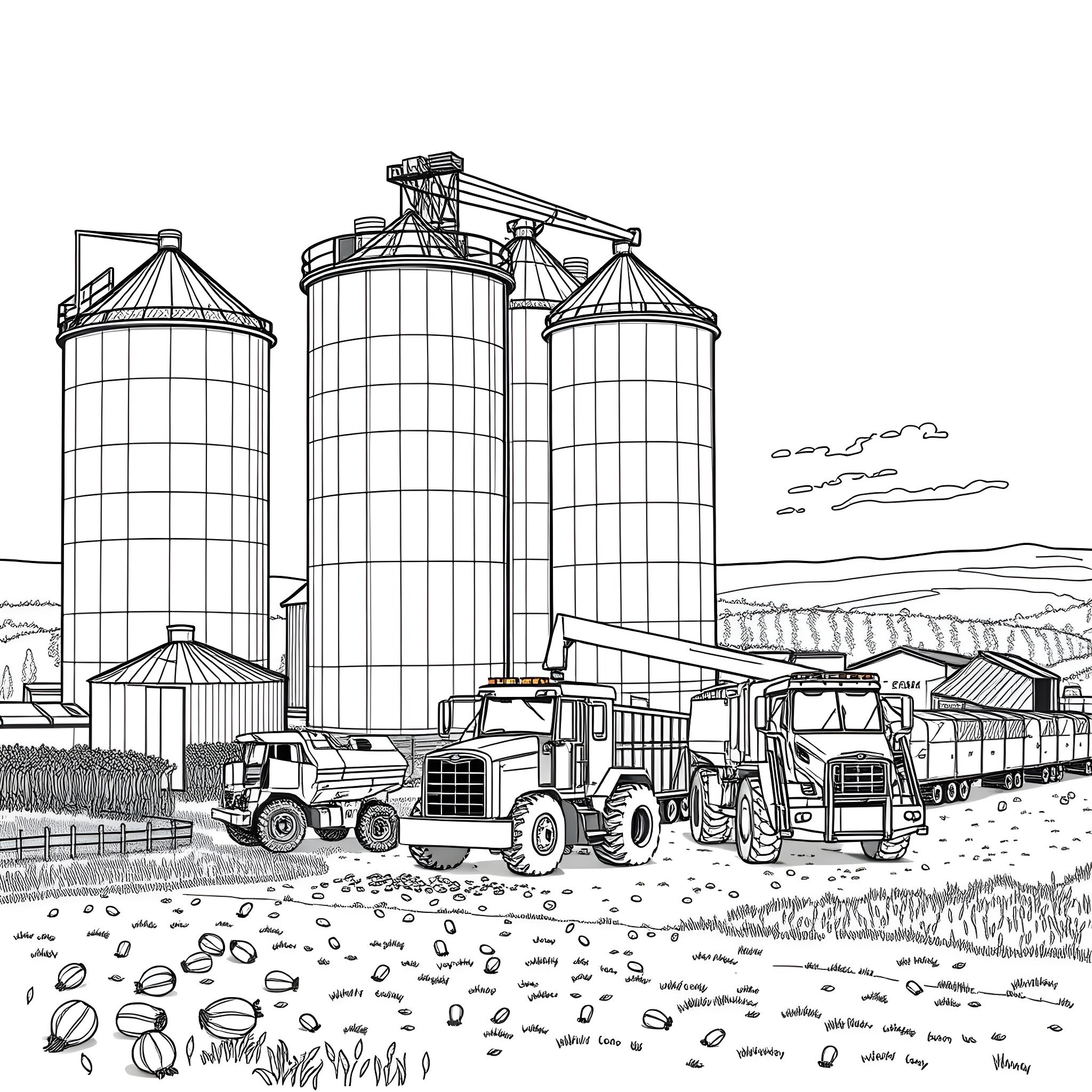 Grain Dump: Trucks Unloading at Silos in Farmland Coloring Page (free black-and-white line drawing printable PDF for all, from beginners to advanced learners, including children, teens, adults, and seniors)