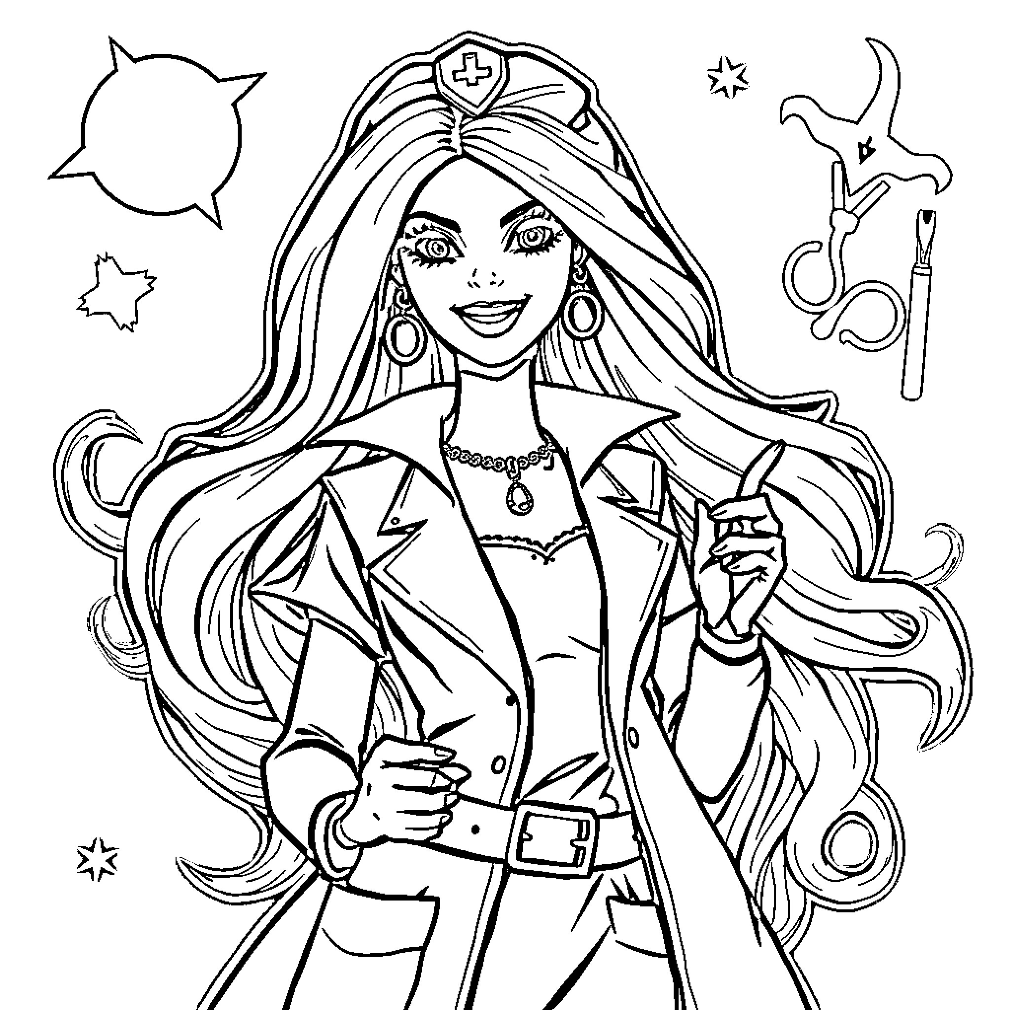 Barbie dressed as a medical professional with accessories Coloring Page (free black-and-white line drawing printable PDF for all, from beginners to advanced learners, including children, teens, adults, and seniors)