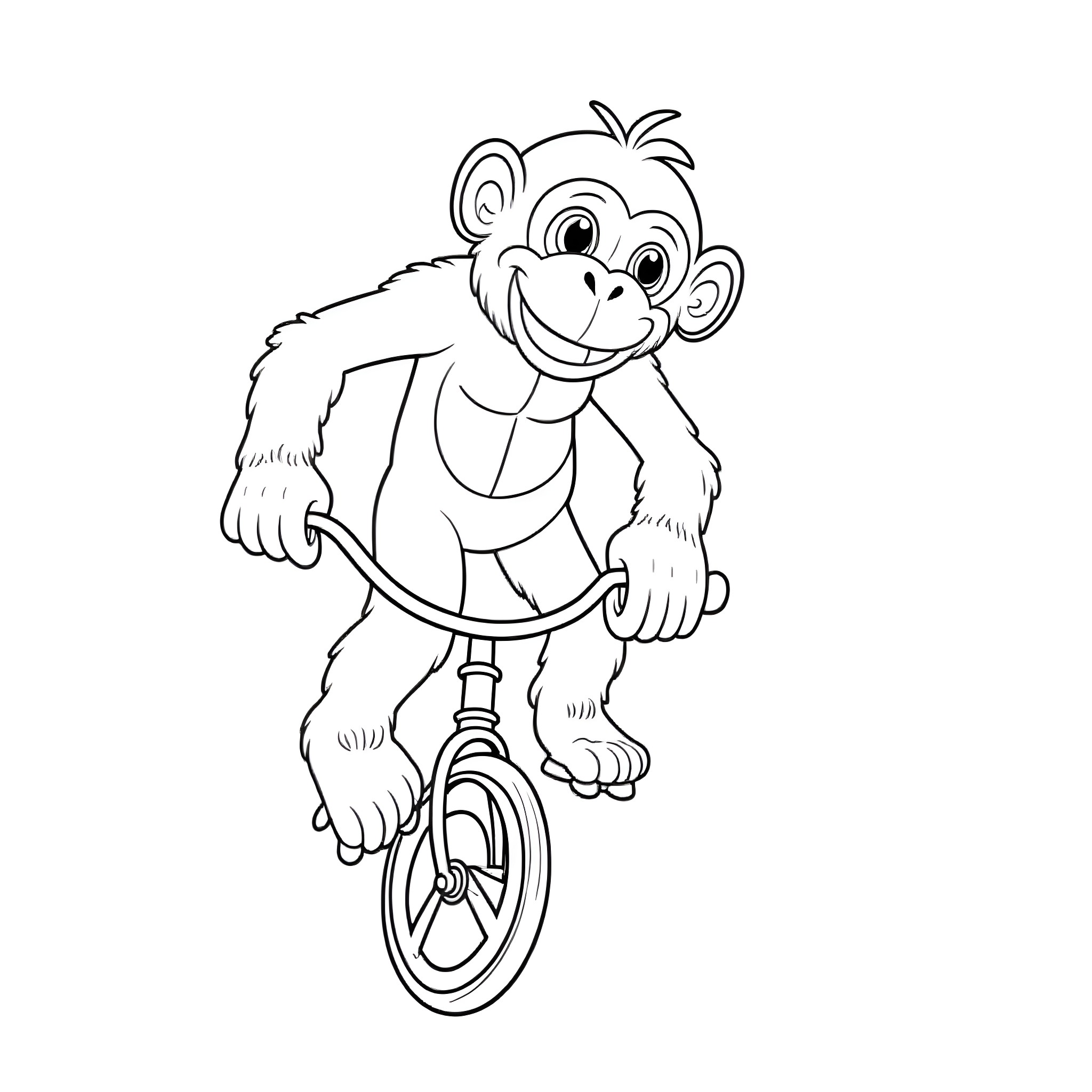 Chimpanzee riding unicycle happily Coloring Page (free black-and-white line drawing printable PDF for all, from beginners to advanced learners, including children, teens, adults, and seniors)