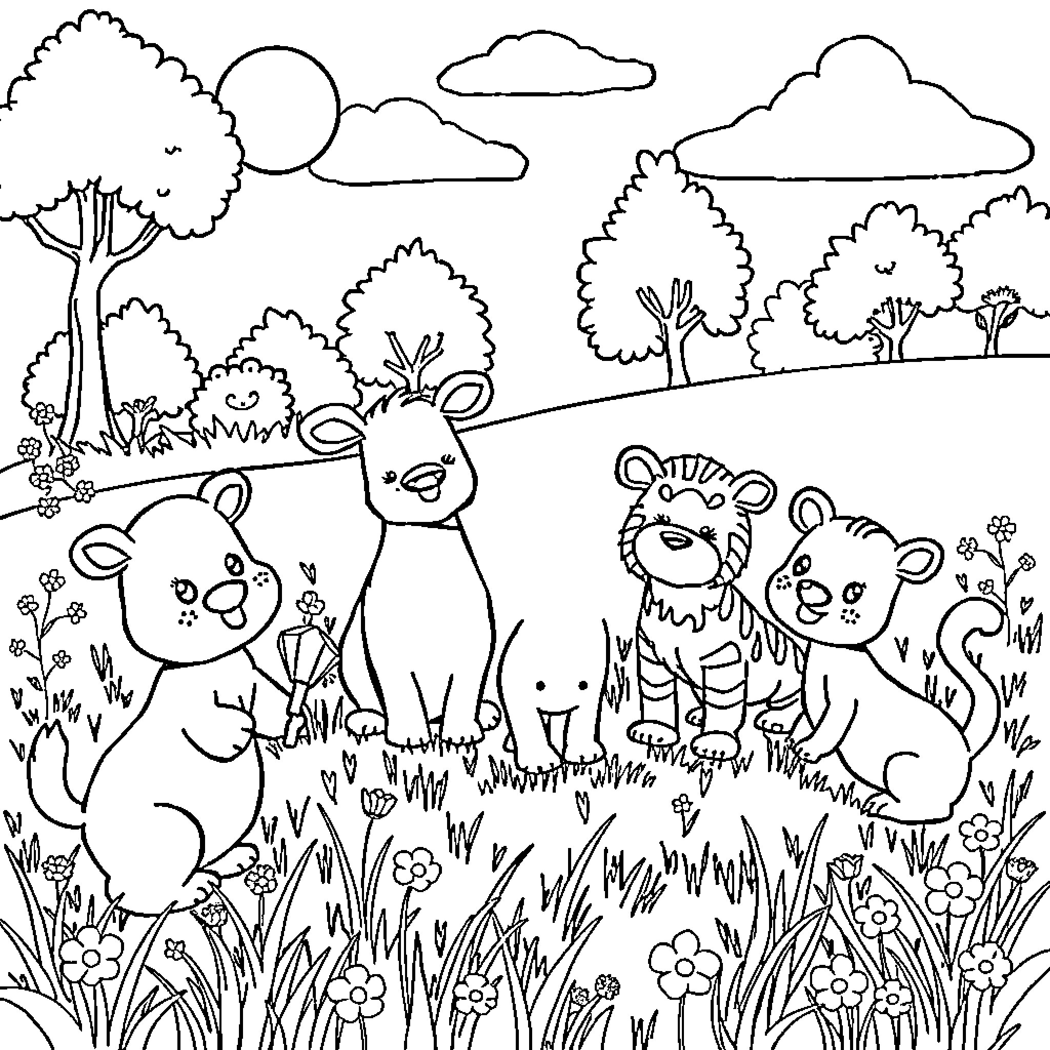 Animal friends explore the scenic nature landscape Coloring Page (free black-and-white line drawing printable PDF for all, from beginners to advanced learners, including children, teens, adults, and seniors)