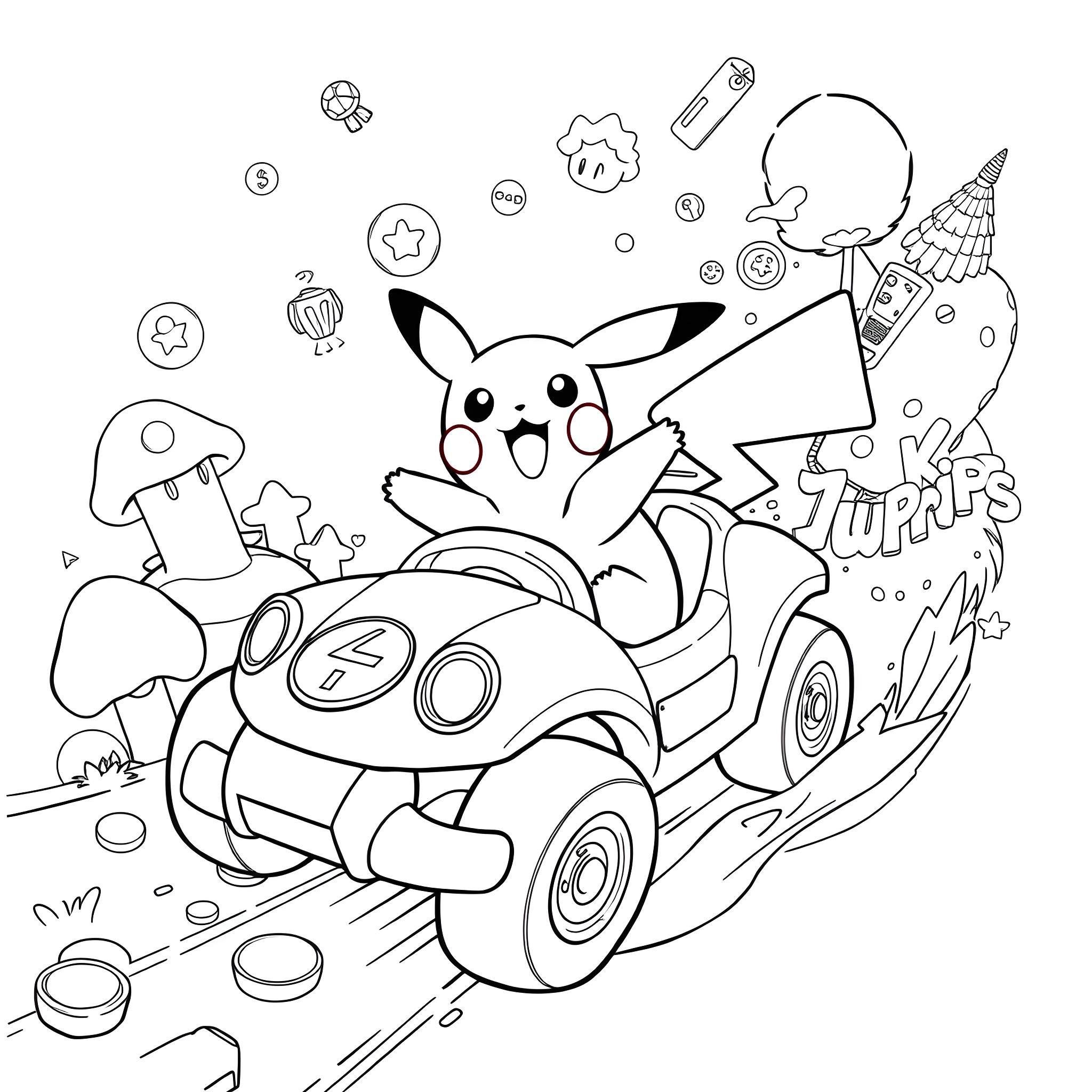 Pikachu driving a quirky car with fun accessories Coloring Page (free black-and-white line drawing printable PDF for all, from beginners to advanced learners, including children, teens, adults, and seniors)