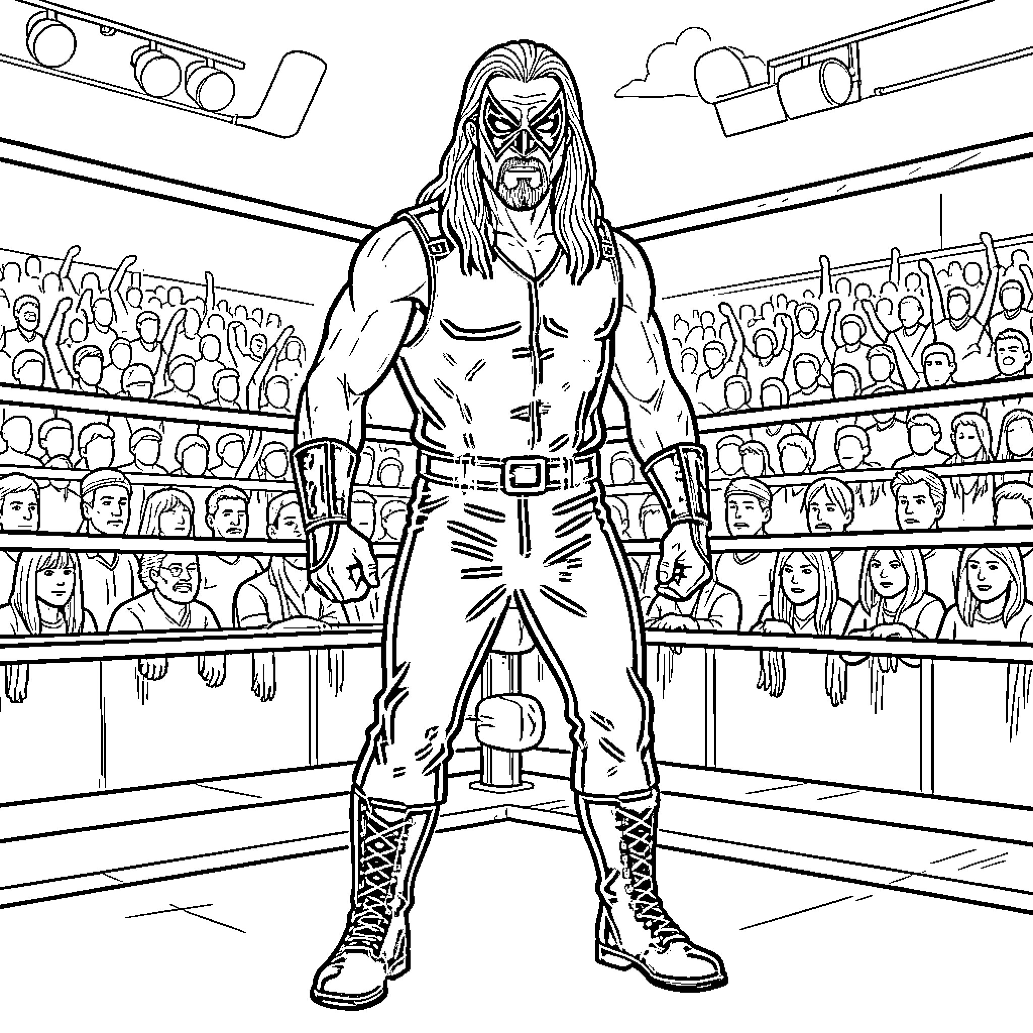 Fiend standing menacingly in a wrestling ring Coloring Page (free black-and-white line drawing printable PDF for all, from beginners to advanced learners, including children, teens, adults, and seniors)