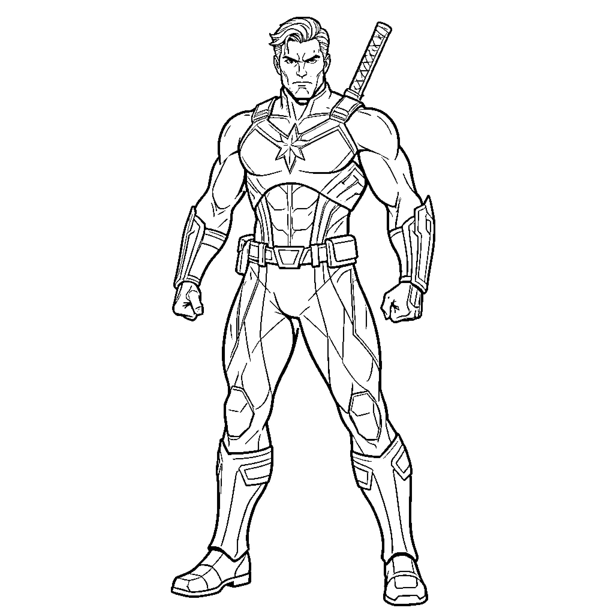 Avenger in Heroic Pose with Weapon Coloring Page (free black-and-white line drawing printable PDF for all, from beginners to advanced learners, including children, teens, adults, and seniors)