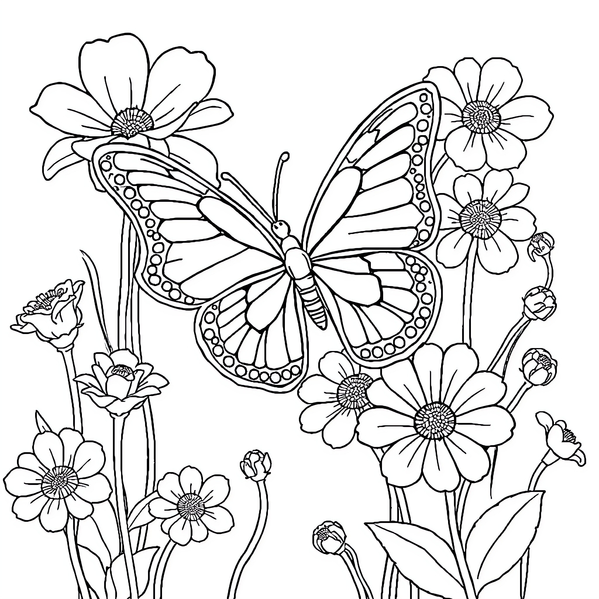 Butterfly dancing among flowers Coloring Page (free black-and-white line drawing printable PDF for all, from beginners to advanced learners, including children, teens, adults, and seniors)