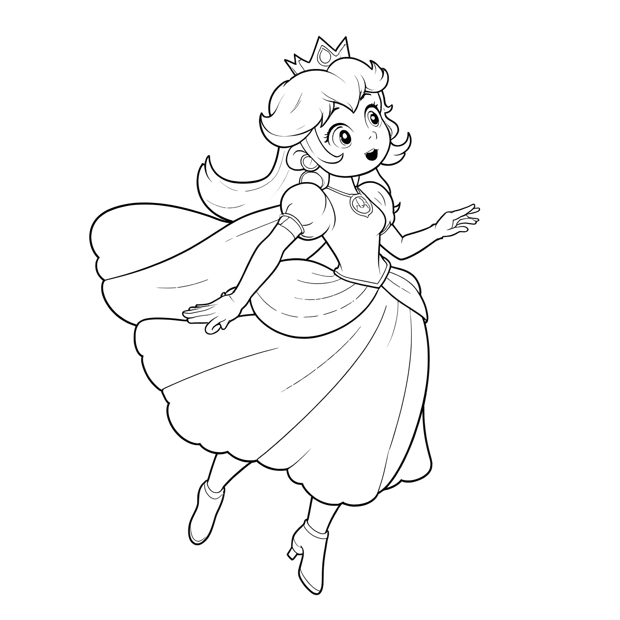 Princess in a Flowing Dress Dancing Gracefully Coloring Page (free black-and-white line drawing printable PDF for all, from beginners to advanced learners, including children, teens, adults, and seniors)
