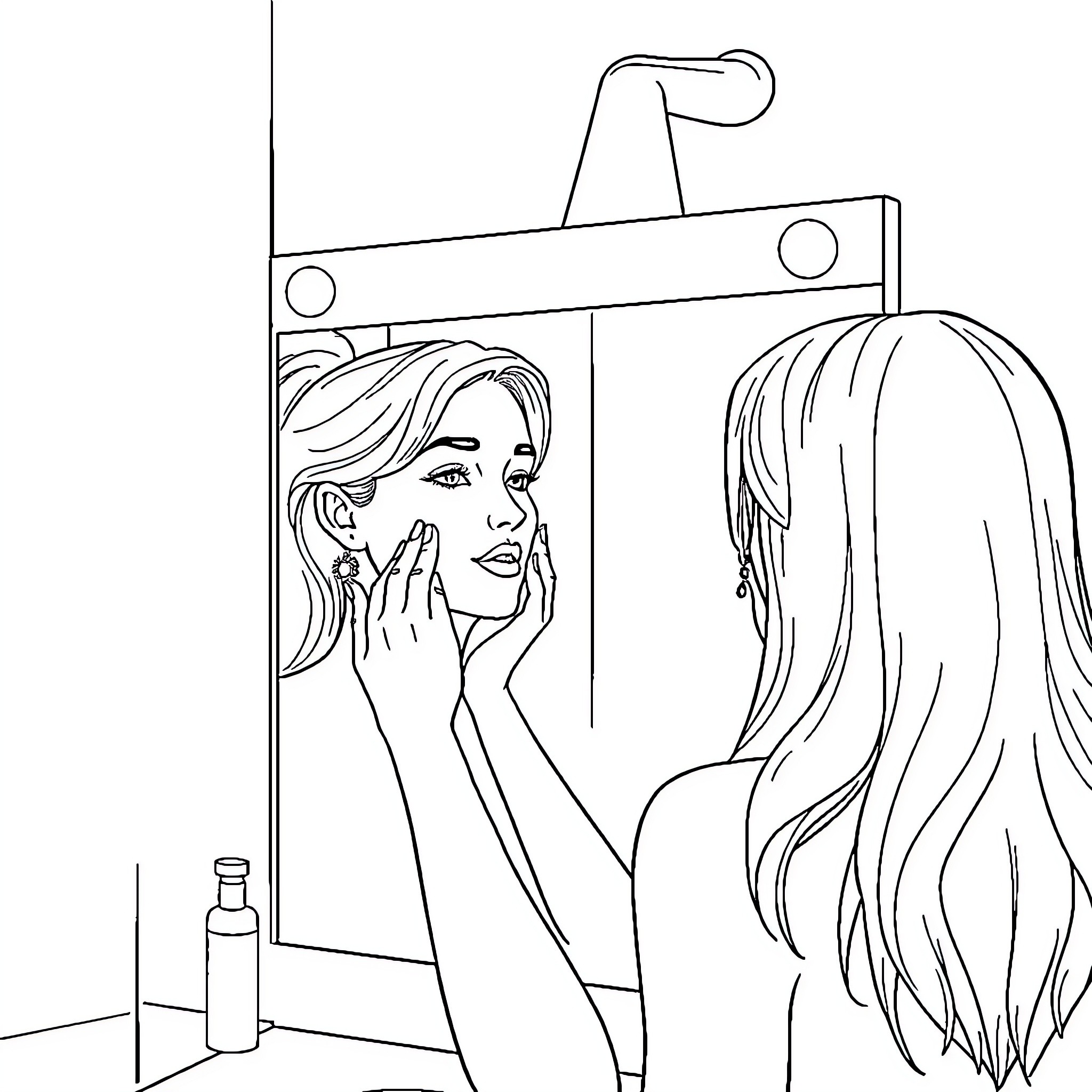 Woman applying makeup in front of mirror Coloring Page (free black-and-white line drawing printable PDF for all, from beginners to advanced learners, including children, teens, adults, and seniors)