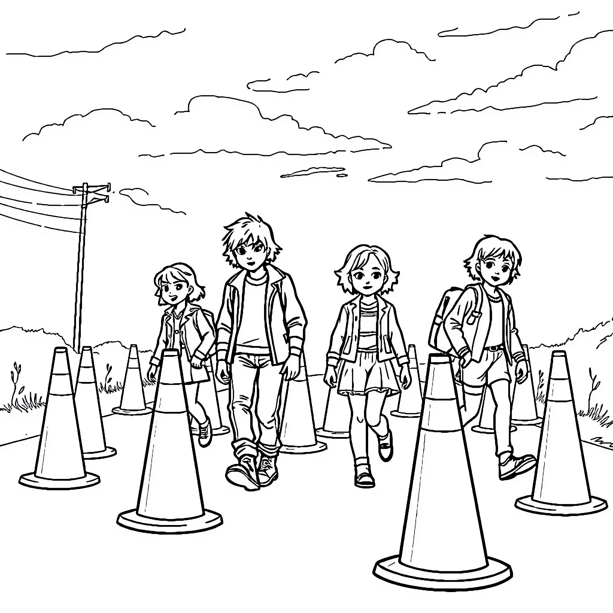 Stranger Things - Kids Exploring Mysterious Landscape Coloring Page (free black-and-white line drawing printable PDF for all, from beginners to advanced learners, including children, teens, adults, and seniors)