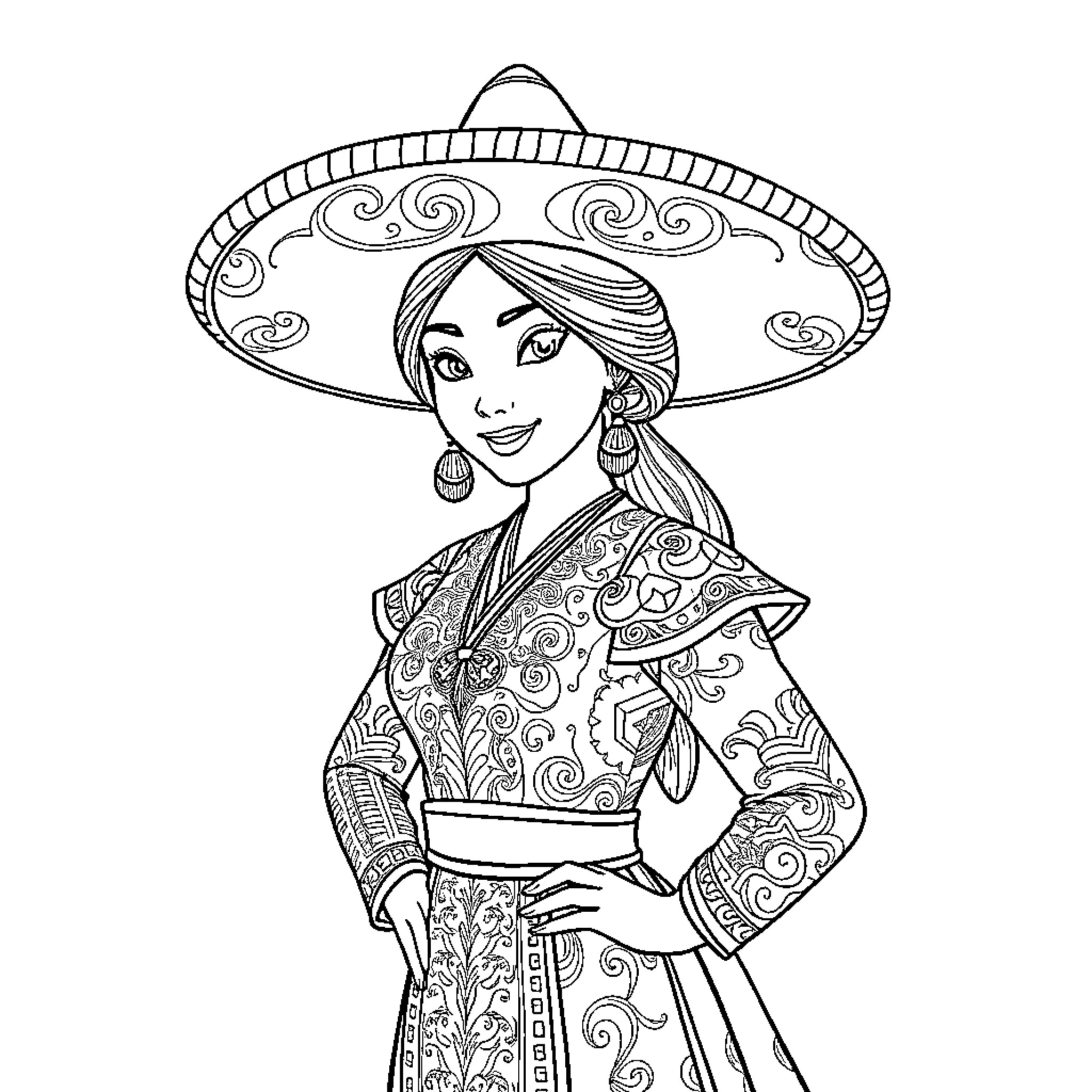 Mulan in Ornate Traditional Costume Coloring Page (free black-and-white line drawing printable PDF for all, from beginners to advanced learners, including children, teens, adults, and seniors)