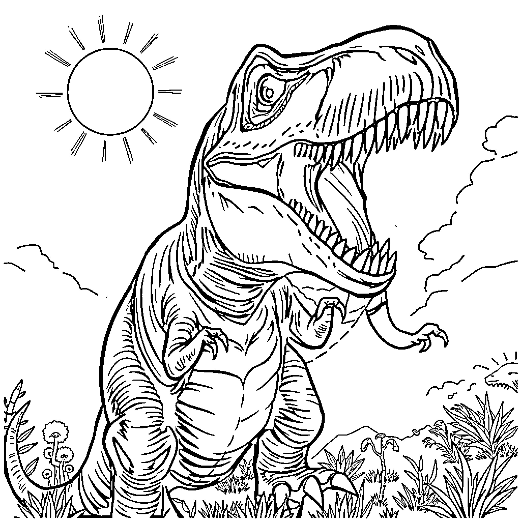Spinosaurus roaring fiercely in prehistoric landscape Coloring Page (free black-and-white line drawing printable PDF for all, from beginners to advanced learners, including children, teens, adults, and seniors)