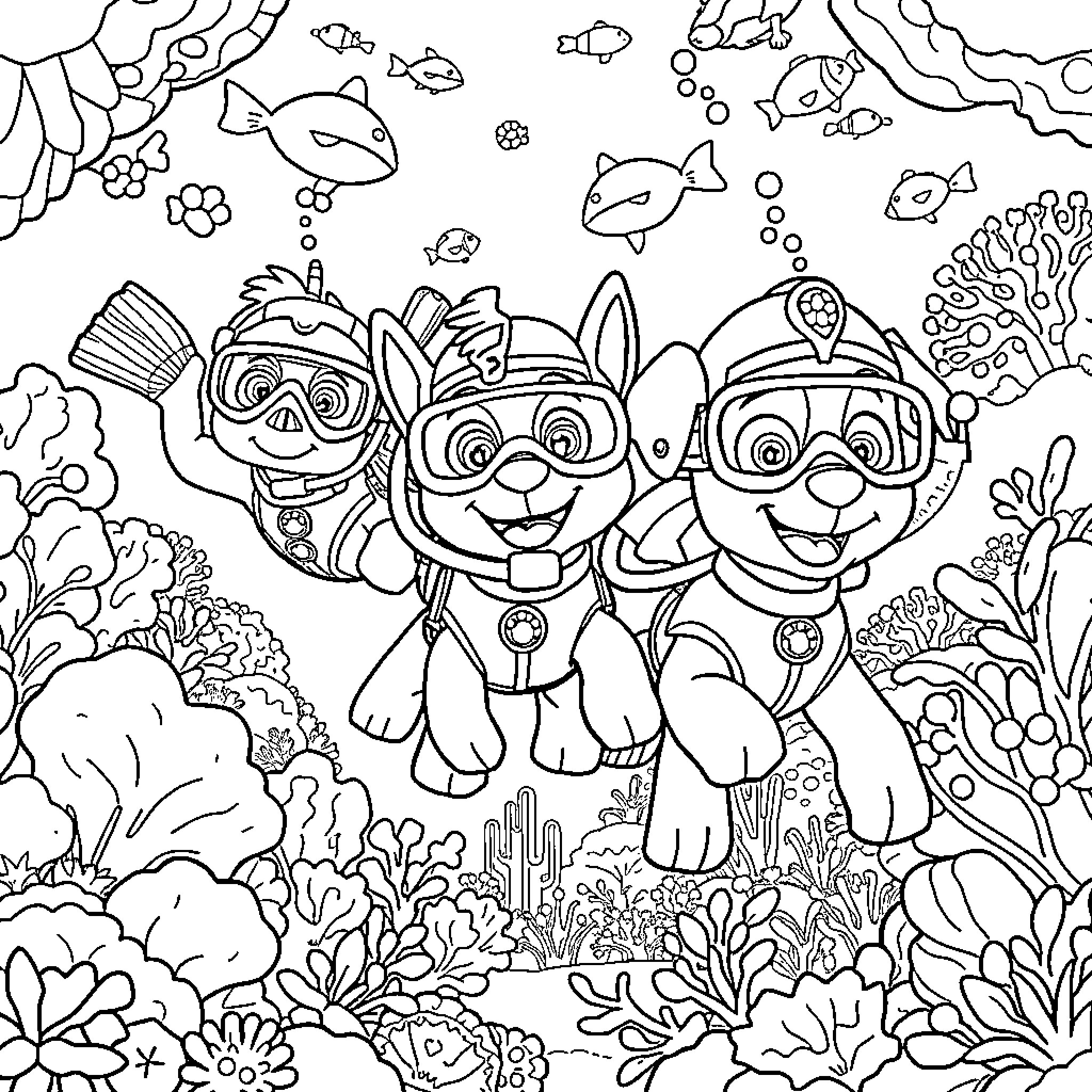 Paw Patrol Underwater Adventure with Scuba Gear Coloring Page (free black-and-white line drawing printable PDF for all, from beginners to advanced learners, including children, teens, adults, and seniors)