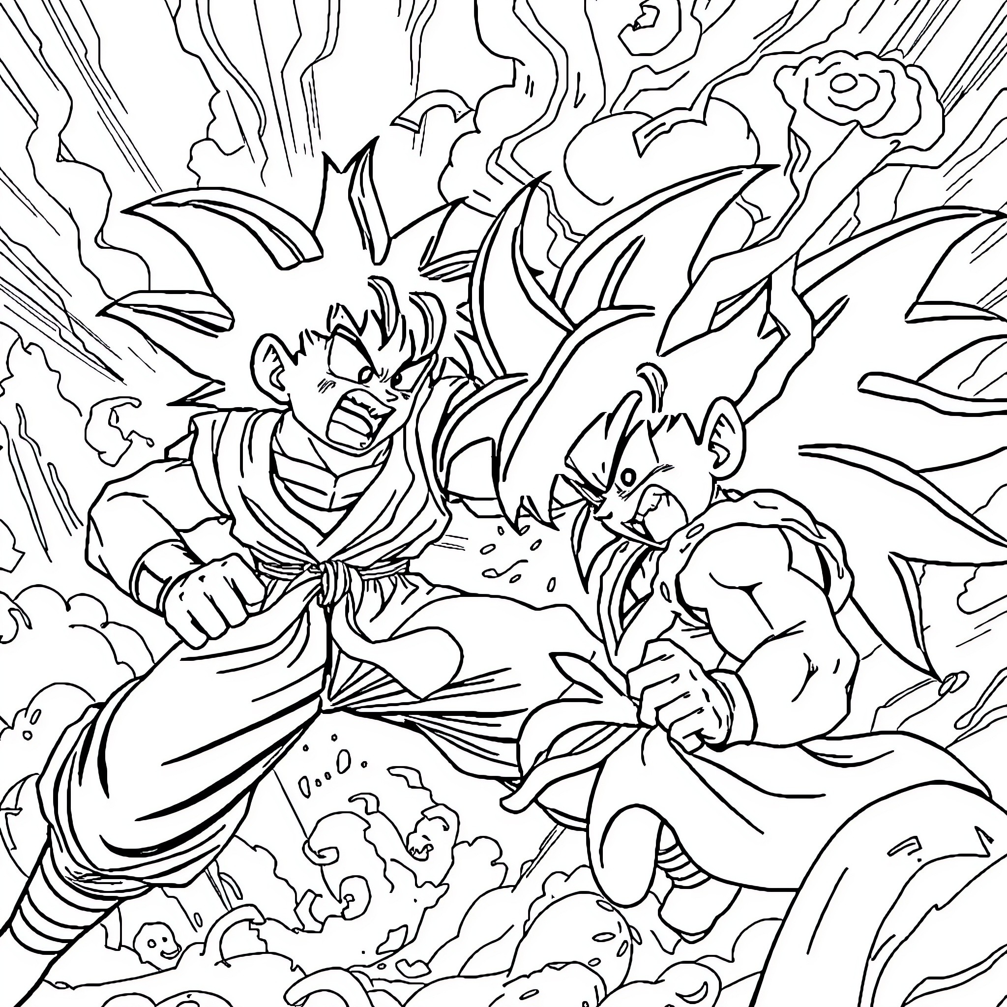 Goku's Fierce Battle with Opponents Coloring Page (free black-and-white line drawing printable PDF for all, from beginners to advanced learners, including children, teens, adults, and seniors)