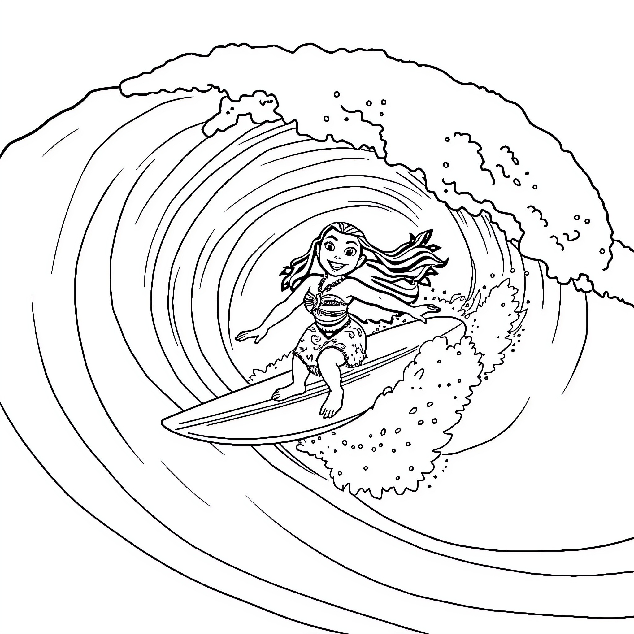 Moana surfing the mighty waves Coloring Page (free black-and-white line drawing printable PDF for all, from beginners to advanced learners, including children, teens, adults, and seniors)