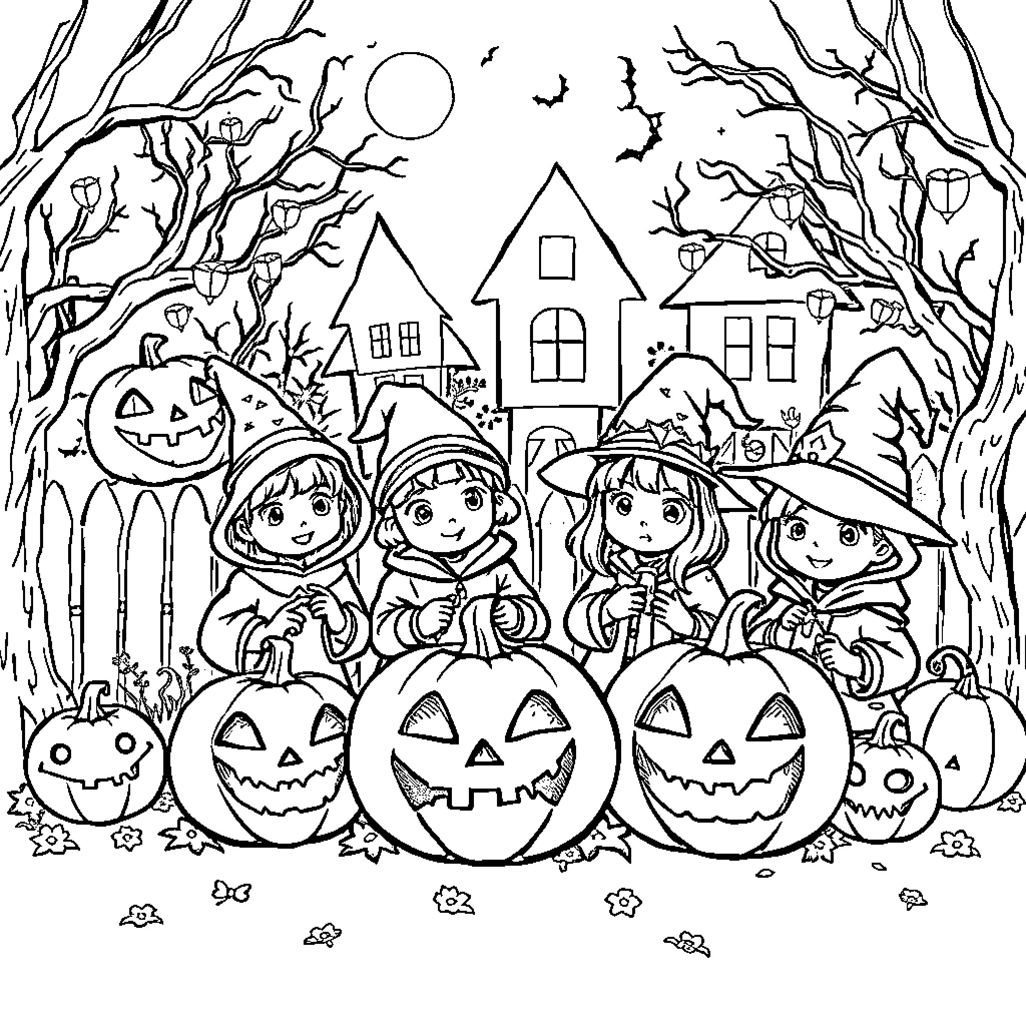 Halloween Kids Trick-or-Treating in Spooky Neighborhood Coloring Page (free black-and-white line drawing printable PDF for all, from beginners to advanced learners, including children, teens, adults, and seniors)