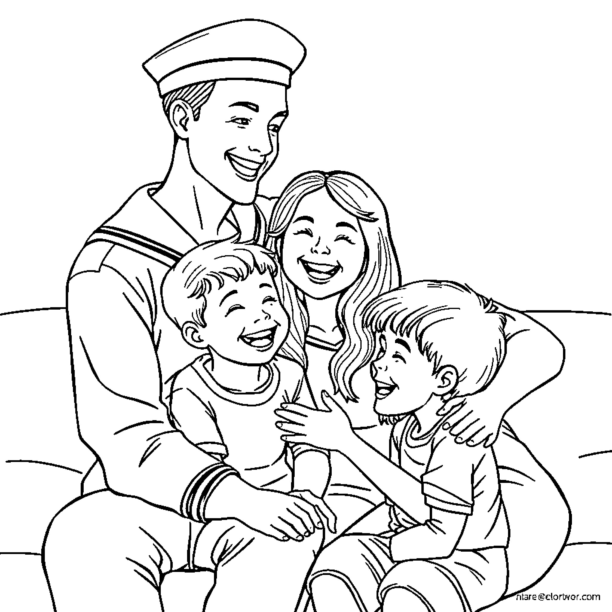 Sailor's family portrait with loved ones Coloring Page (free black-and-white line drawing printable PDF for all, from beginners to advanced learners, including children, teens, adults, and seniors)