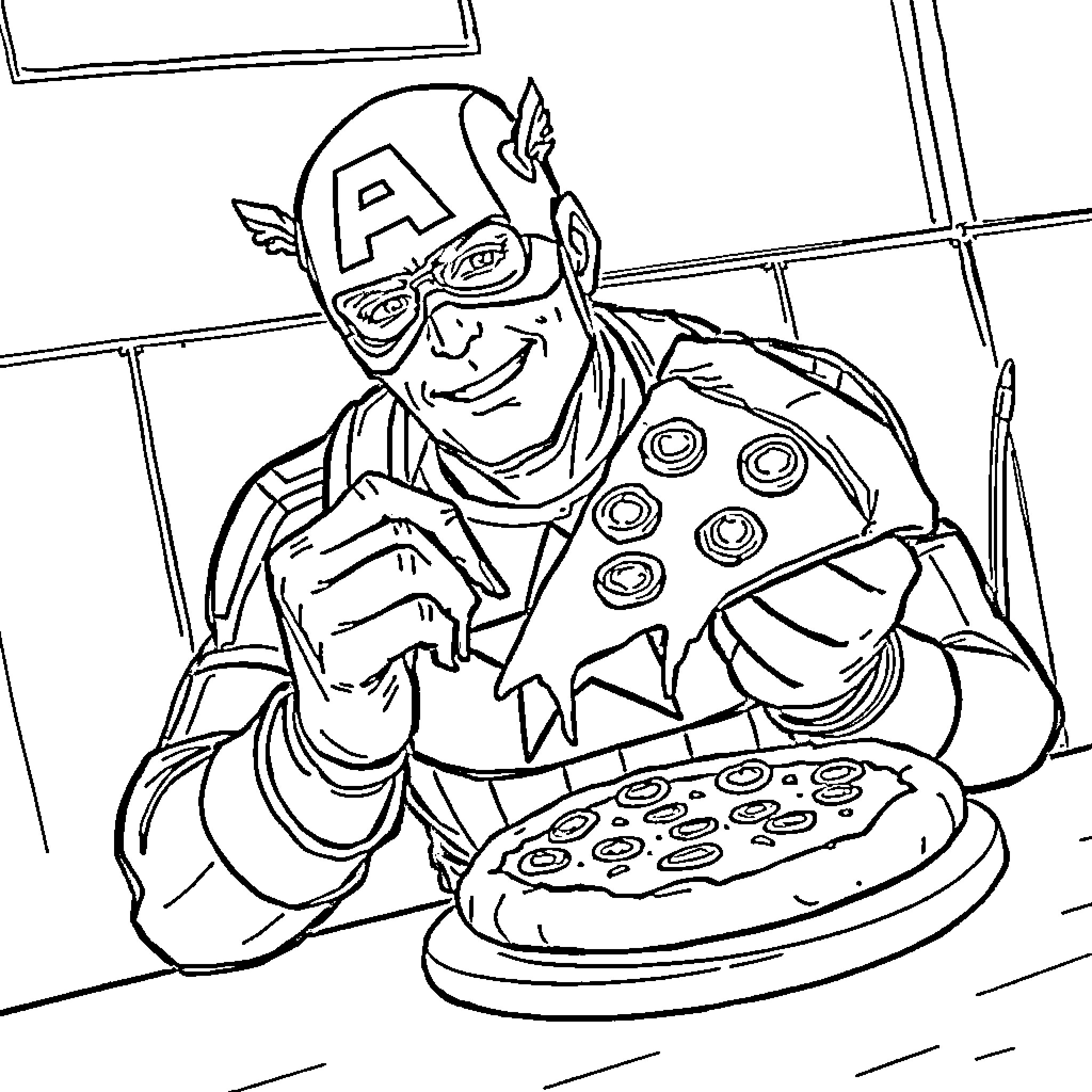 Captain America Enjoying Pizza with Enthusiasm Coloring Page (free black-and-white line drawing printable PDF for all, from beginners to advanced learners, including children, teens, adults, and seniors)