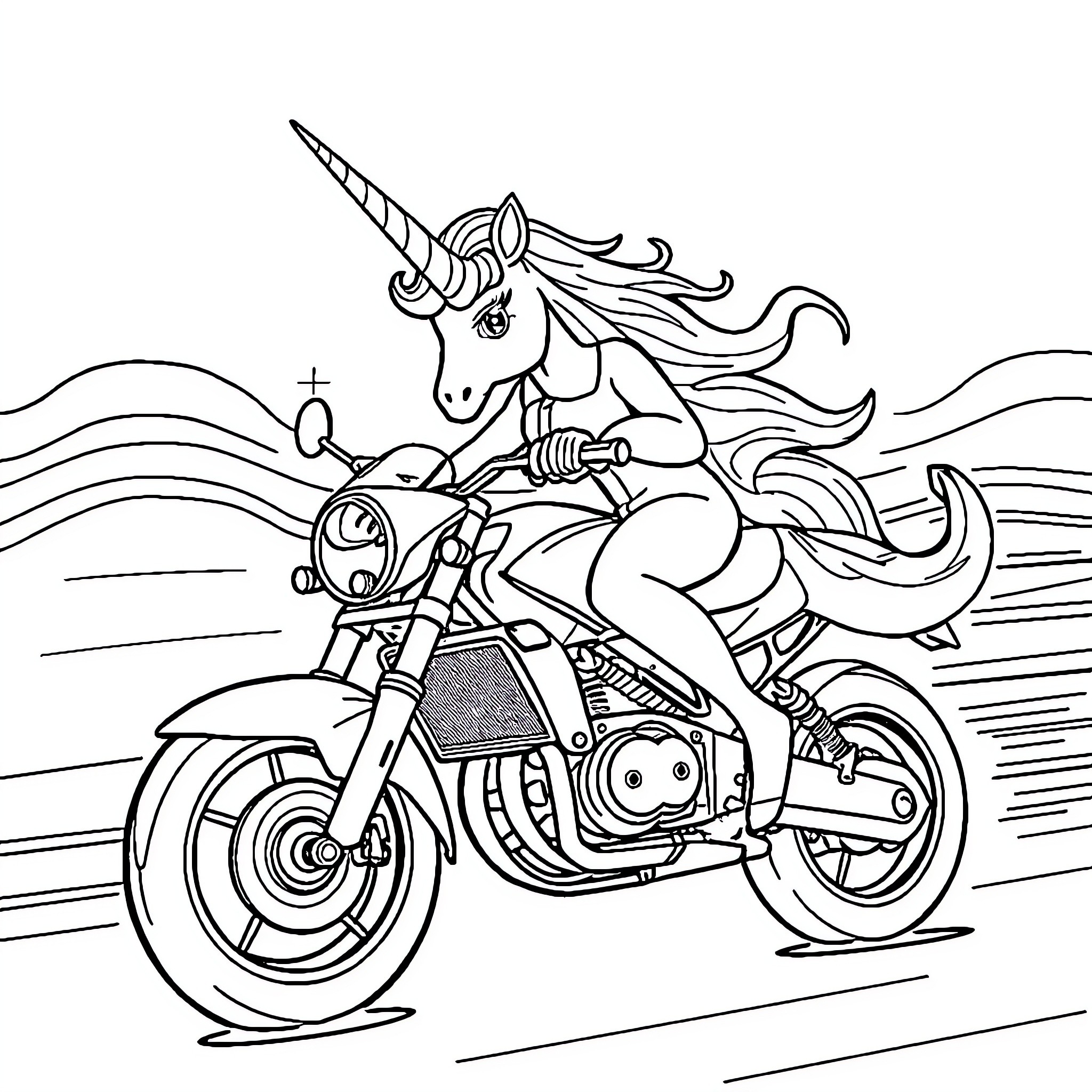 Unicorn riding a motorcycle through the countryside Coloring Page (free black-and-white line drawing printable PDF for all, from beginners to advanced learners, including children, teens, adults, and seniors)