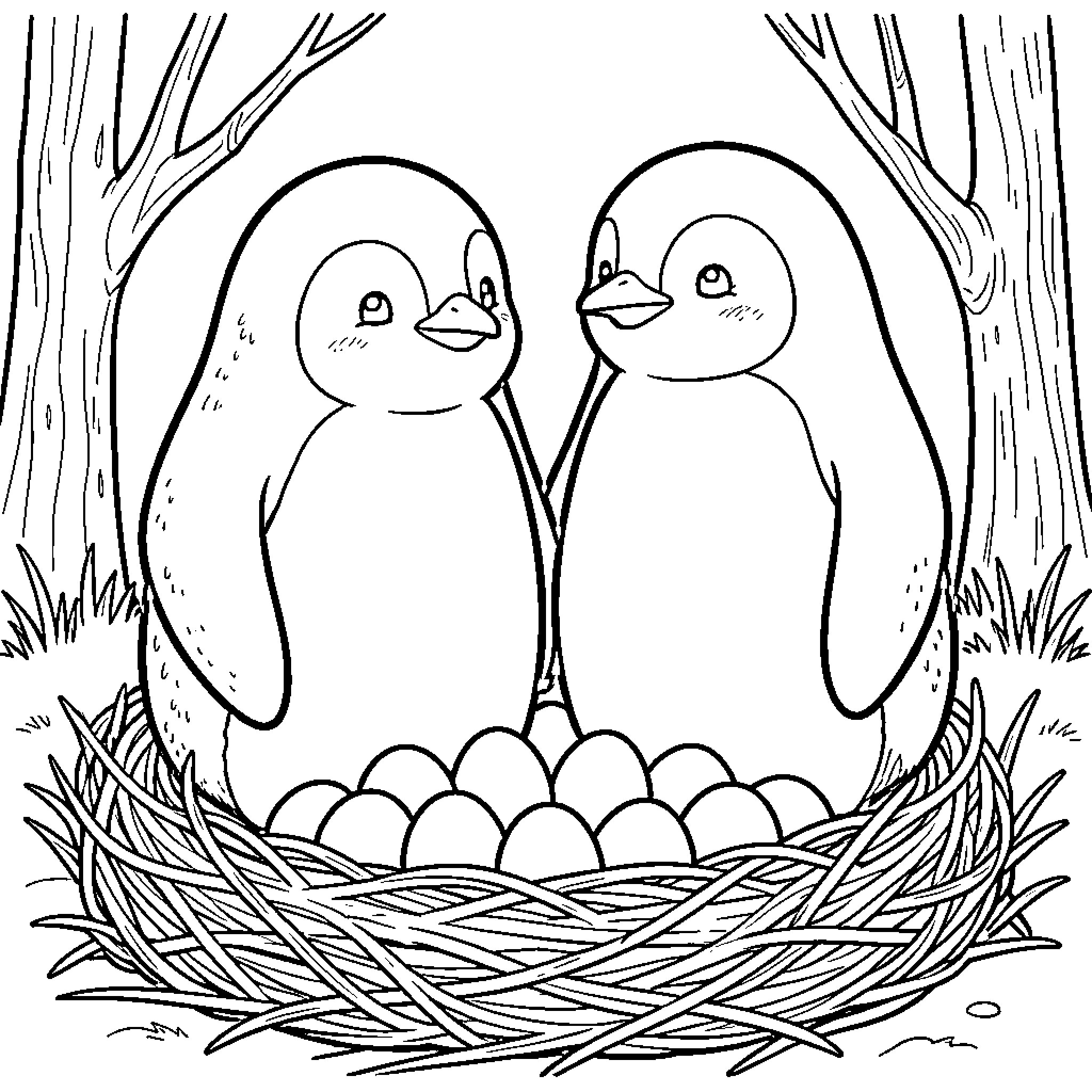 Penguin partners in their nest Coloring Page (free black-and-white line drawing printable PDF for all, from beginners to advanced learners, including children, teens, adults, and seniors)