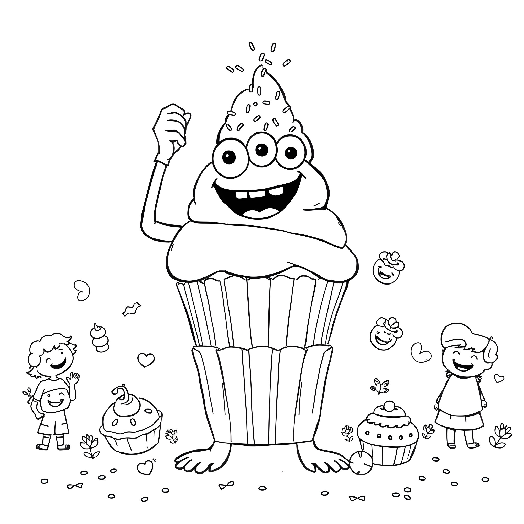 Monster Cupcake Joyfully Surrounded by Playful Characters Coloring Page (free black-and-white line drawing printable PDF for all, from beginners to advanced learners, including children, teens, adults, and seniors)