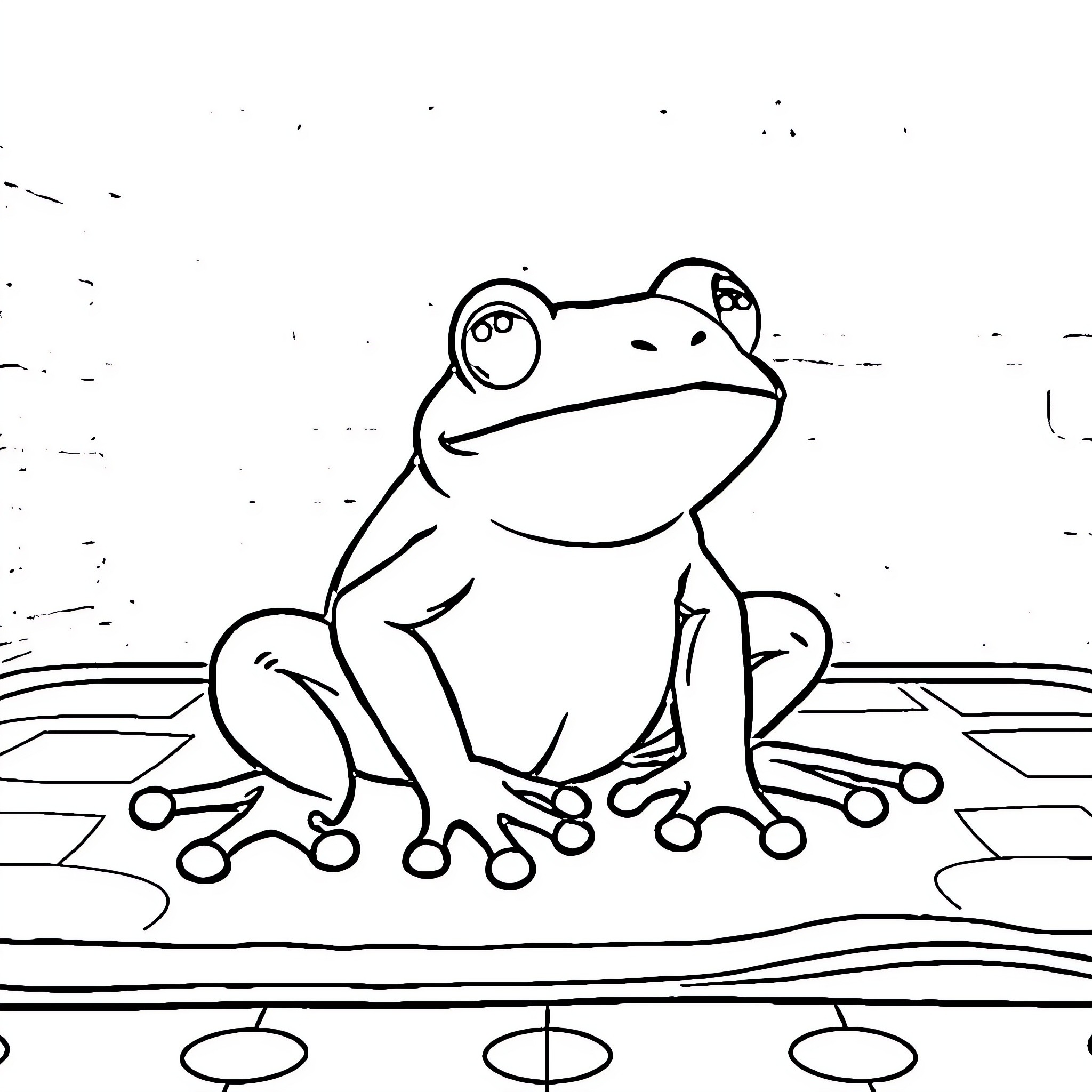 Frog lounging on lily pads Coloring Page (free black-and-white line drawing printable PDF for all, from beginners to advanced learners, including children, teens, adults, and seniors)
