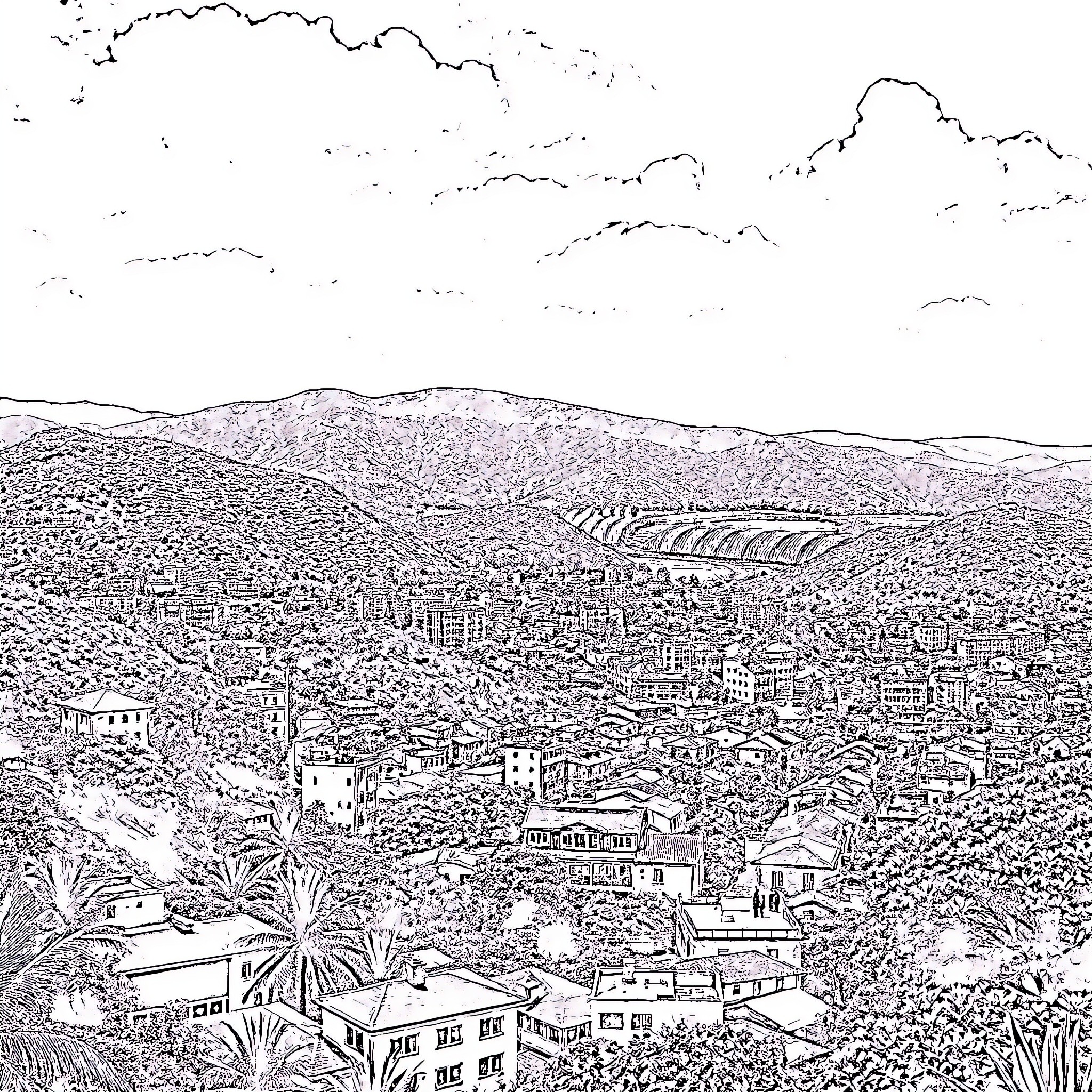 Yaoundé cityscape with intricate architectural details Coloring Page (free black-and-white line drawing printable PDF for all, from beginners to advanced learners, including children, teens, adults, and seniors)