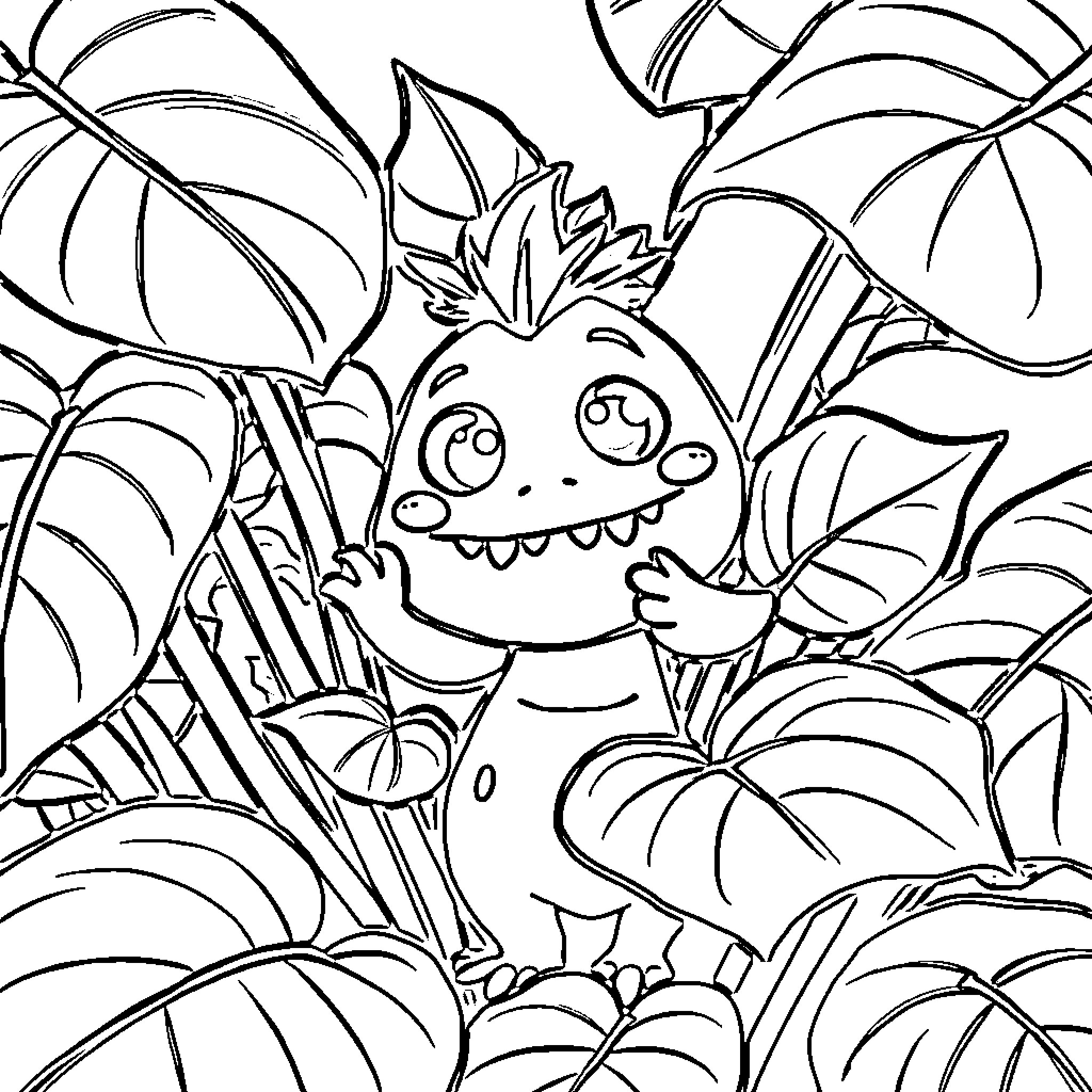 Monstera creature peeking through the jungle foliage Coloring Page (free black-and-white line drawing printable PDF for all, from beginners to advanced learners, including children, teens, adults, and seniors)