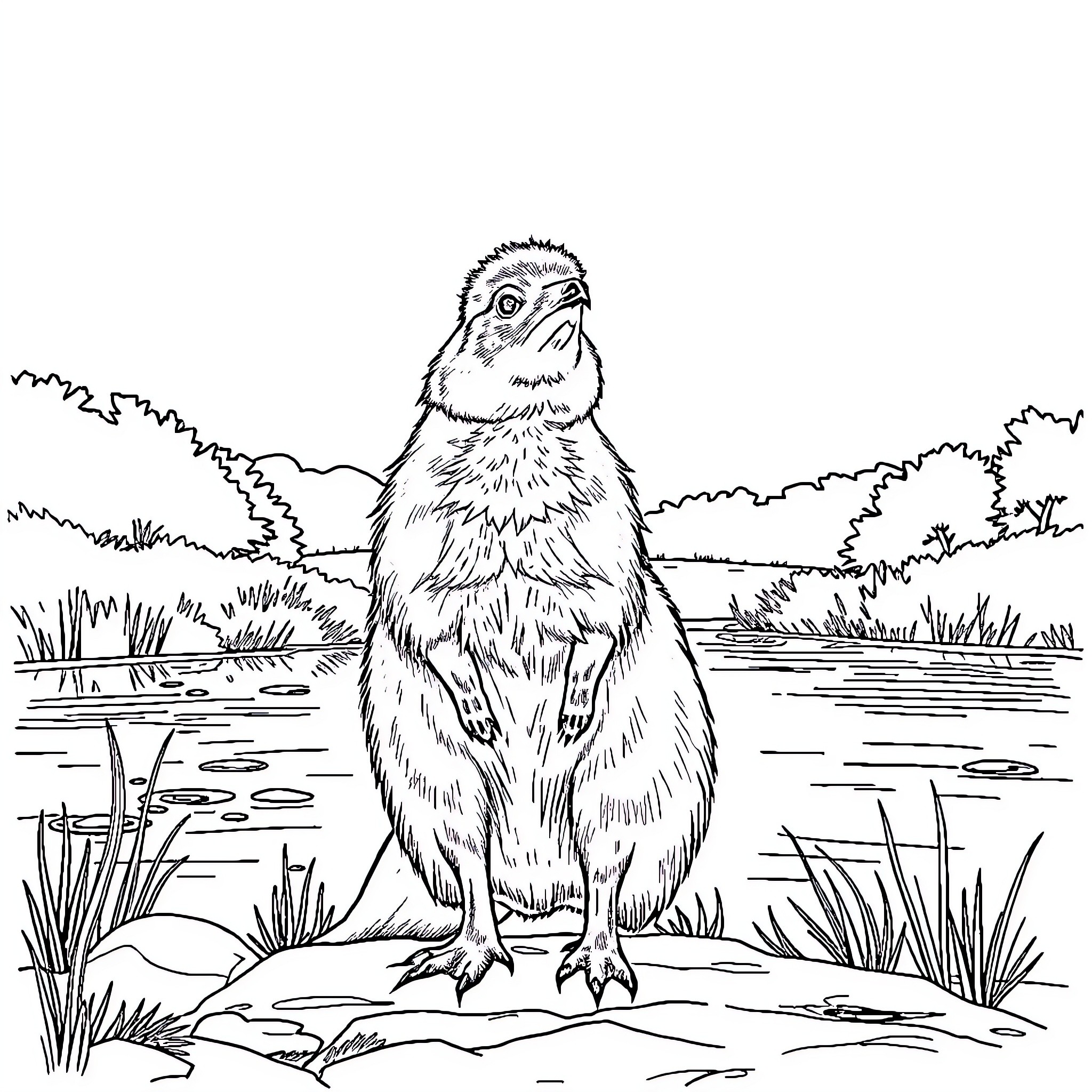 Capybara enjoying the outdoors in a natural setting Coloring Page (free black-and-white line drawing printable PDF for all, from beginners to advanced learners, including children, teens, adults, and seniors)