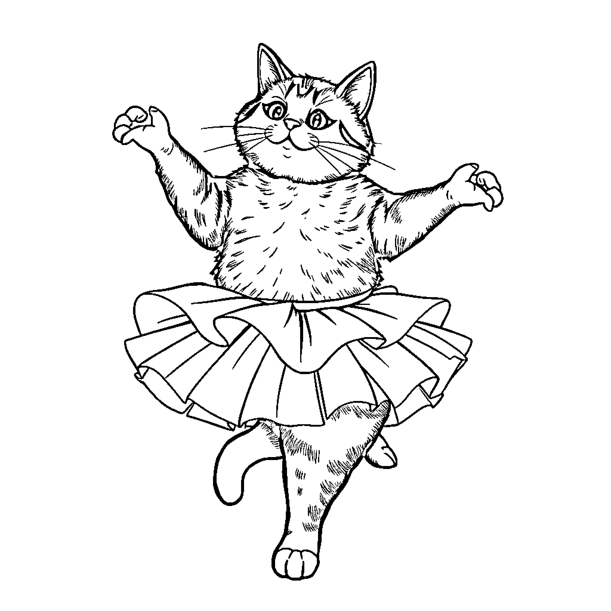Cat wearing a tutu and dancing Coloring Page (free black-and-white line drawing printable PDF for all, from beginners to advanced learners, including children, teens, adults, and seniors)