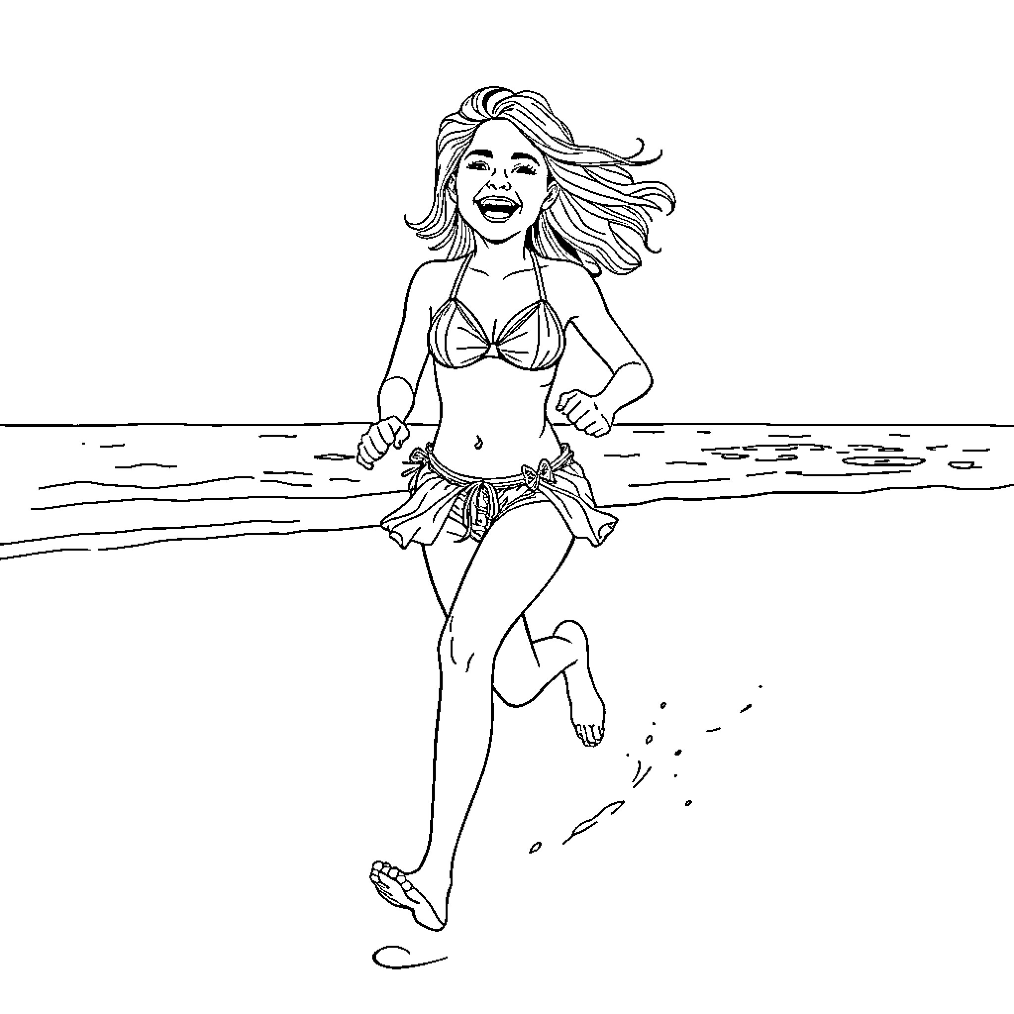 Girl enjoying a day at the beach Coloring Page (free black-and-white line drawing printable PDF for all, from beginners to advanced learners, including children, teens, adults, and seniors)